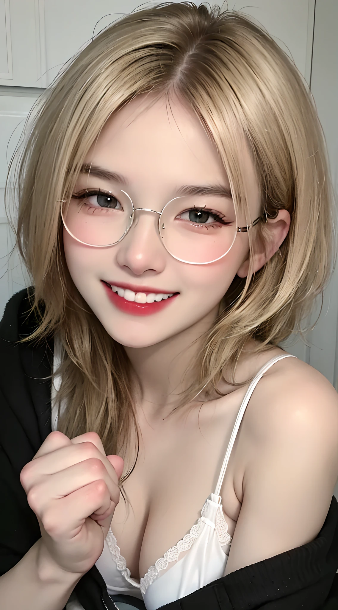 1 girl, glasses, ((Best Quality, 8K, Masterpiece:1.3, UHD:1.2)), Focus: 1.2, Perfect Body Beauty: 1.4, Buttocks: 1.2, (Gigantic Breasts: 1.4), (Gigantic hip: 1.8),(white bikini), Highly Detailed Face, perfect smile, Double Eyelids, White Skin, (((short straight blonde Hair))), (Shut Up: 1.3), smile and half close the eye, grin smiling, big smile,show teeth,(upper body focus:1.2),