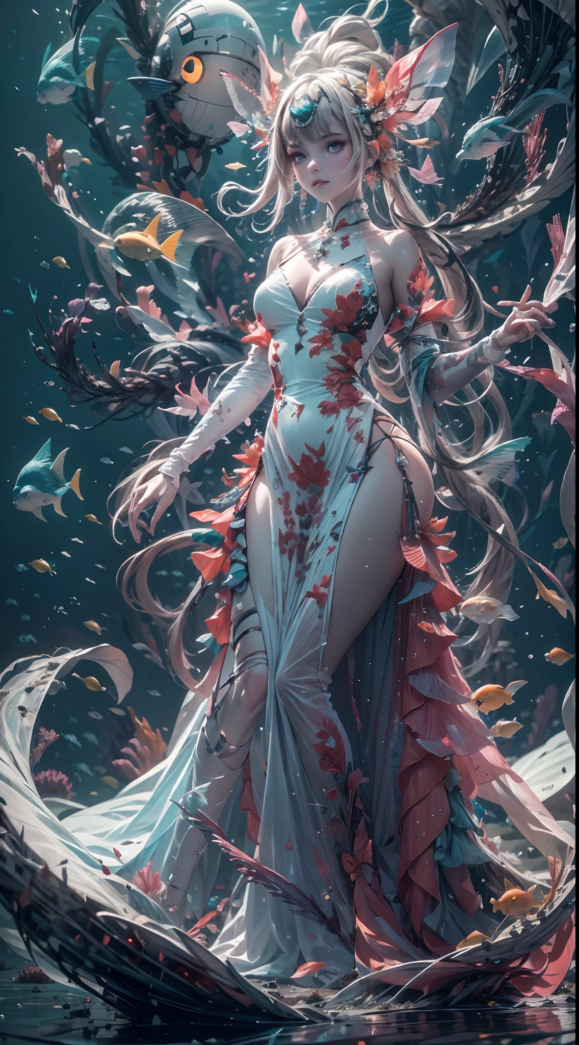 1girll,Wearing a dress,Fantasy dresses,complex dress,dynamicposes,In the mysterious underwater space,Amazing aquatic creatures,with light glowing,
absurderes, unbelievable Ridiculous, Ultra-detailed, A high resolution, Extremely detailed,
best qualtiy,tmasterpiece,Artistically,fanciful,C4D render,