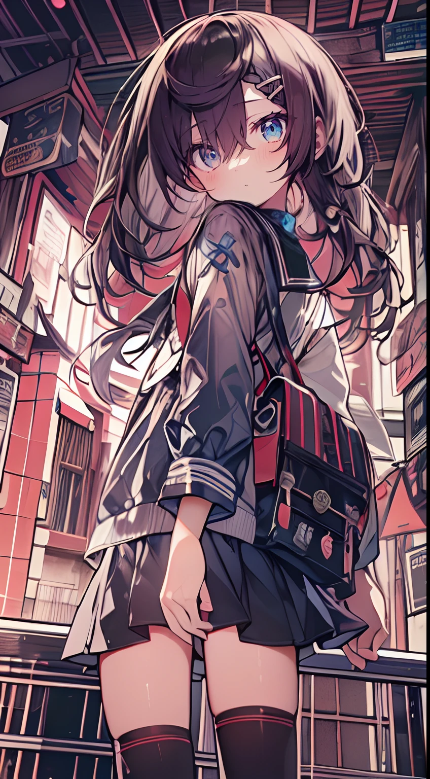 masutepiece, Best Quality,Illustration, Wallpaper, Ultra Detail, 1girl in,Solo,Beautiful detailed eyes,Very thick contour lines、Medium Short-Cut Hair、Short, Braided hair、(student clothes)、Dark hair color、nffsw、Kamimei、Angle from which you can see the whole body、Overlooking angle:1.2、small head、a small face