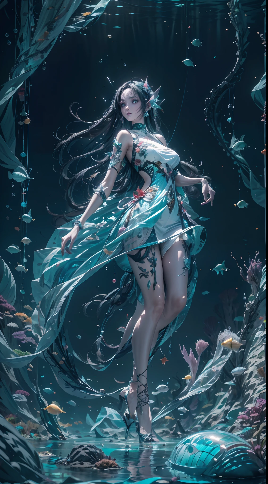 1girll,Wearing a dress，Fantasy dresses，complex dress，dynamicposes，In the mysterious underwater space，Amazing aquatic creatures，with light glowing，

absurderes,  unbelievable Ridiculous,  Ultra-detailed, A high resolution, Extremely detailed,

best qualtiy，tmasterpiece，Artistically，fanciful，C4D render,