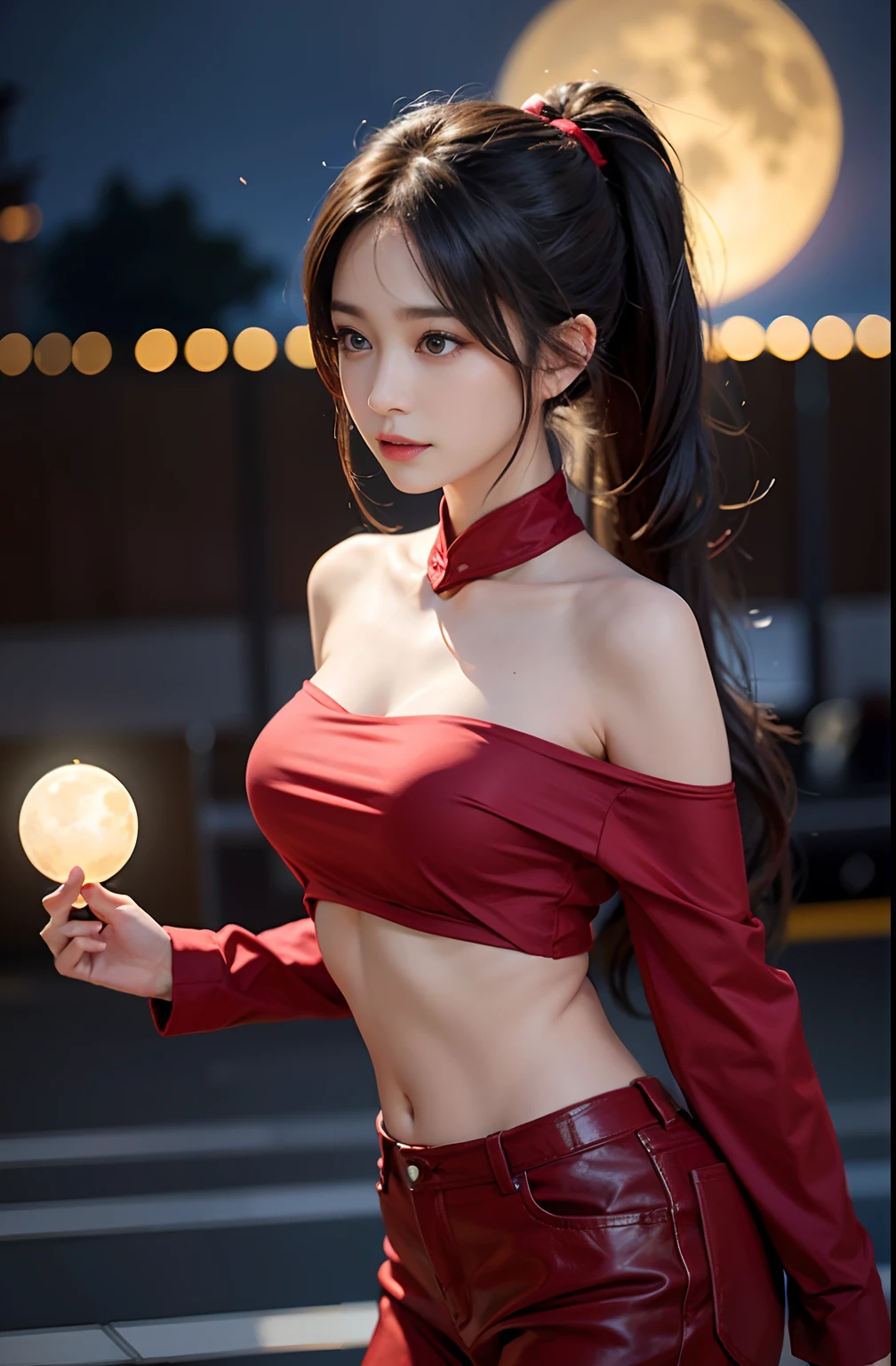 best qualtiy,sface focus,Look at the audience head-on,the soft light,(depth of fields),超高分辨率,(Photorealsitic:1.4),RAW photos,Bigchest,Red clothes,Open navel,Bare shoulders,By bangs,Long ponytail hairstyle,(sportrait:1.4),(From the front side)1girll,独奏,adolable,(Shy,ssmile:1.1),(with brown eye),Detailed beautiful face,(mid day_Hair), moon in the night,Walk,(off-the-shoulder shirts),
