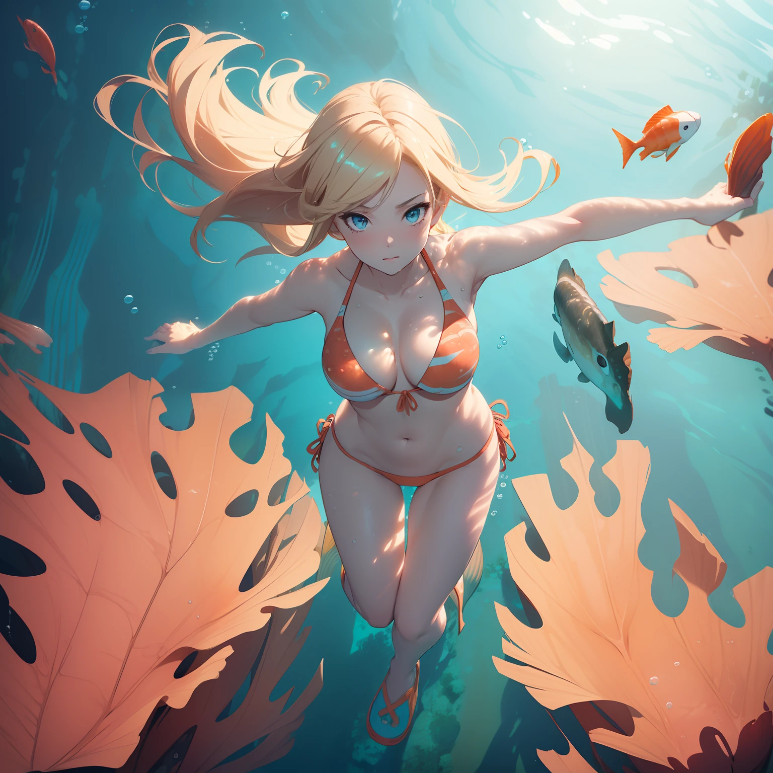 (masterpiece, 8k, best quality), photorealistic, cinematic, dynamic background, anime girl, short blonde hair, (((full body shot, from above:1.5))), (((focus on her face and chest))), perfect anatomy, curvaceous body, alluring, perfect eyes, perfect hands, perfect eyes, detailed eyes, large cleavage, round ass, long round legs, (((underwater:1.5))), (((Mix and Match bikini in coral and peach color))), underwater scenery, aquatic life around, bubbles, sunshine above, the swimmer's body is facedown, and the arms move simultaneously in a circular motion, propelling the body forward, the legs execute a whip kick, where the feet are turned outward and then brought back together in a snap, extremely detailed Artgem, IG model, alena aenami and artgem, krenz cushart and artgem, artgem and atey ghailan