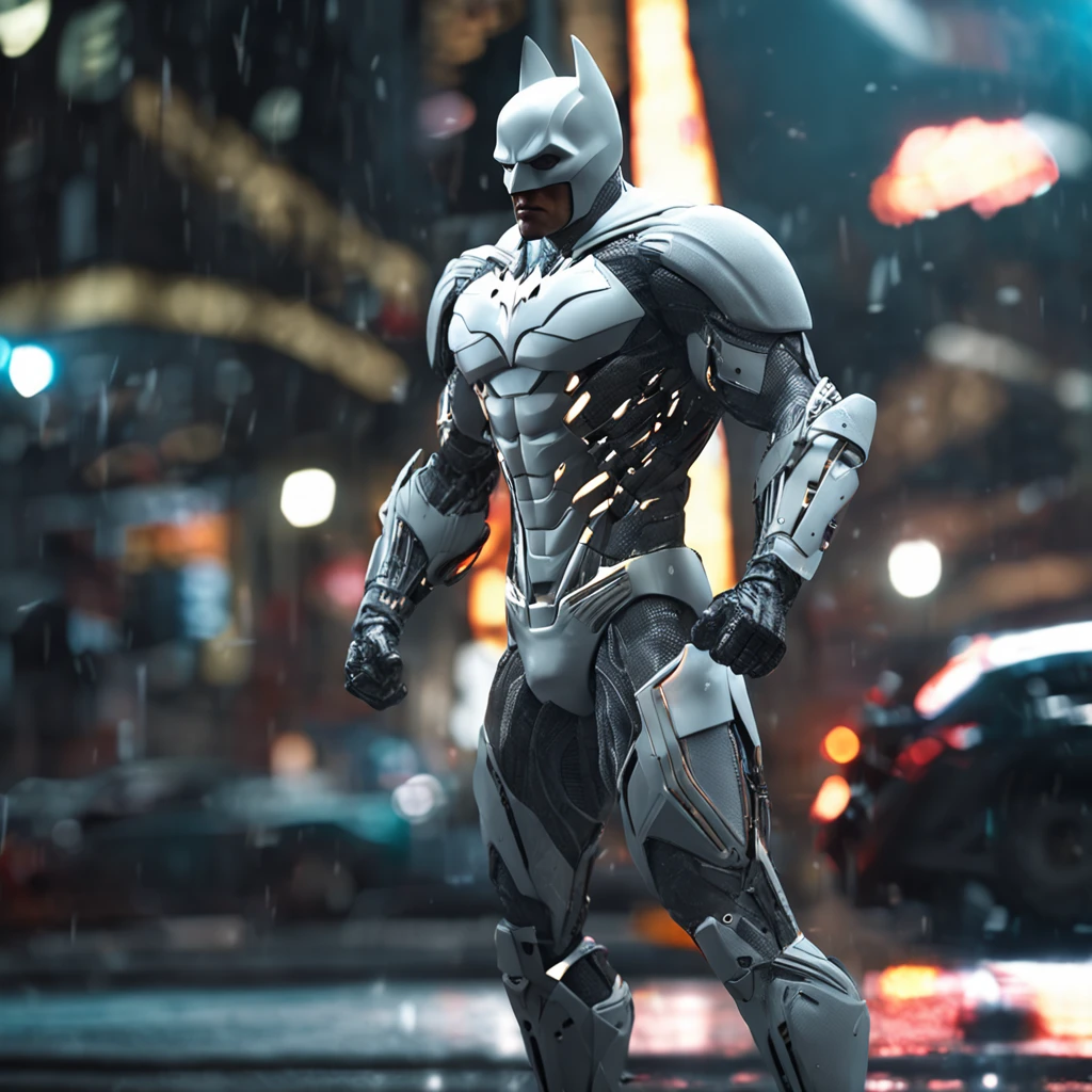 :Realistic white Batman focus on an advanced cybernetic masterpiece suit, cinematico, aerodinamico, alta qualidade ::n_desenho de estilo, Low-quality imperfection, boneco, game, anime