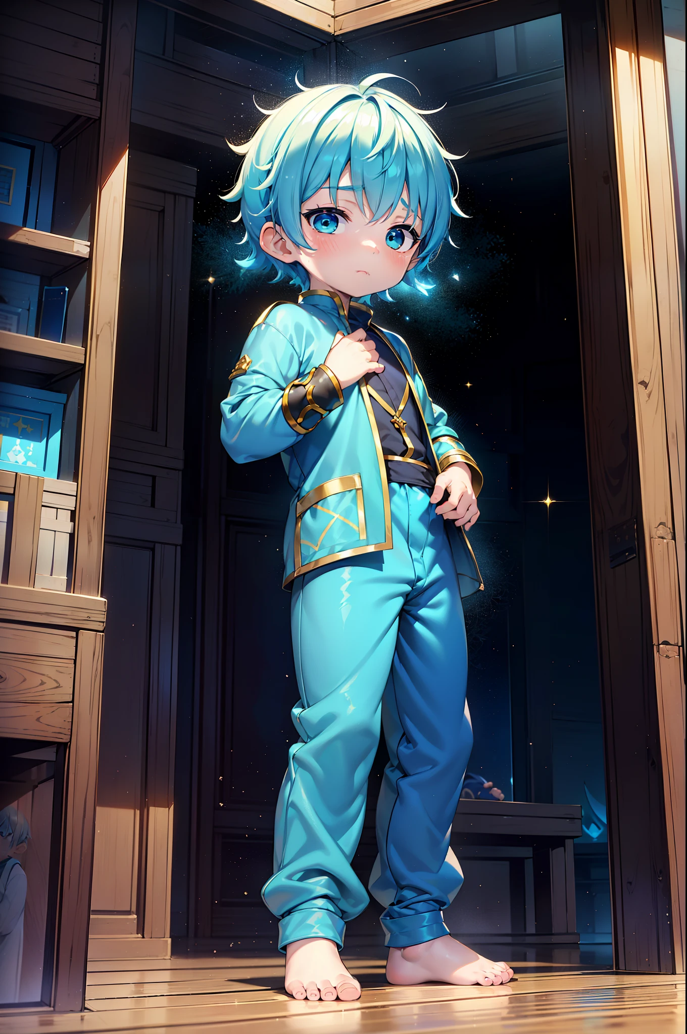 4k, (Masterpiece:1), Little boy with blue colored hair and shiny, glowing cyan eyes and barefoot, standing on field, epic, cinematic, young, boy, child, small, toddler, tiny feet, focus on feet, feet, blushing, (Young:1.4), (Child:1.4), (Shota:1.4), (male:1.4), (boy:1.4), (divine clothes:1.4), (epic:1.4), (posing:1.4), (cinematic:1.4),