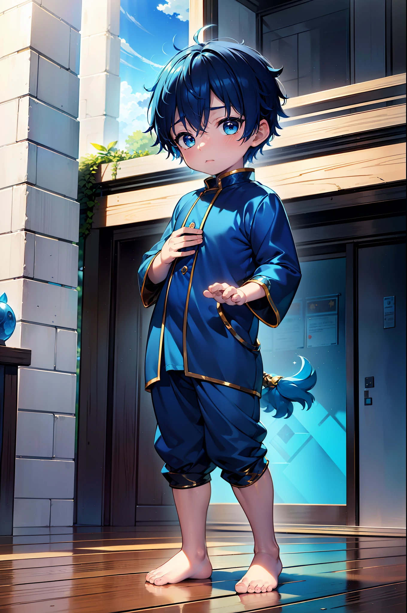 4k, (Masterpiece:1), ********** with blue colored hair and shiny, glowing cyan eyes and barefoot, standing on field, epic, cinematic, young, boy, child, small, toddler, tiny feet, focus on feet, feet, blushing, (Young:1.4), (Child:1.4), (Shota:1.4), (male:1.4), (boy:1.4), (divine clothes:1.4), (epic:1.4), (posing:1.4), (cinematic:1.4),