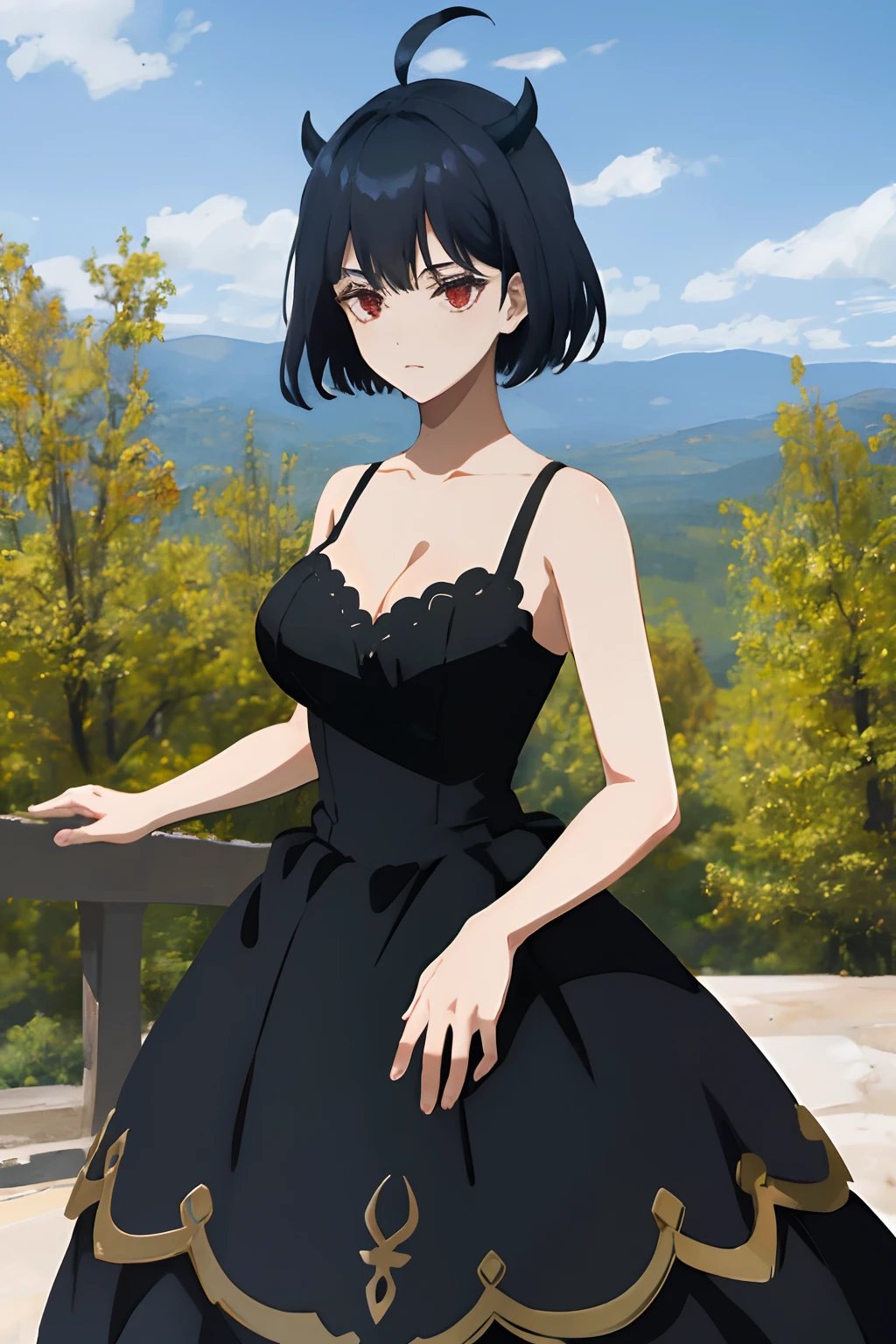 (masterpiece, best quality), intricate details, 1girl, solo, Nero, black hair, short hair, ahoge, red eyes, horns, outdoors, tank top dress, black dress, cleavage, expressionless, looking at viewer,