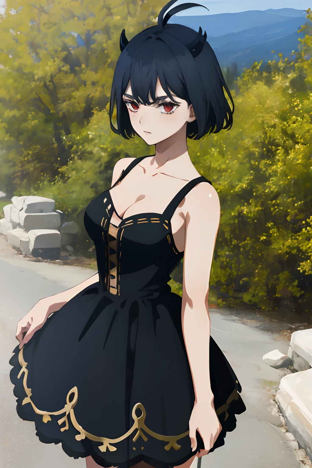 ultra realistic 8k cg, masterpiece, ((ultra detailed background, delicate pattern, intricate detail)), (highly detailed, fine details), best quality, 1girl, (photorealistic:1.4),beautiful lighting, absurdres, RAW photo, film grain, ((medium breasts, slim girl)), Baccarat, Nero, 1girl, short hair, solo, horns, black hair, red eyes, dress, black dress, collarbone, closed mouth, bare shoulders, (demon horns), hair between eyes, cleavage, (complex detailed background, outside, nature environment, trees, sunny, blue sky, sky, cowboy shot, small breasts, slim girl),