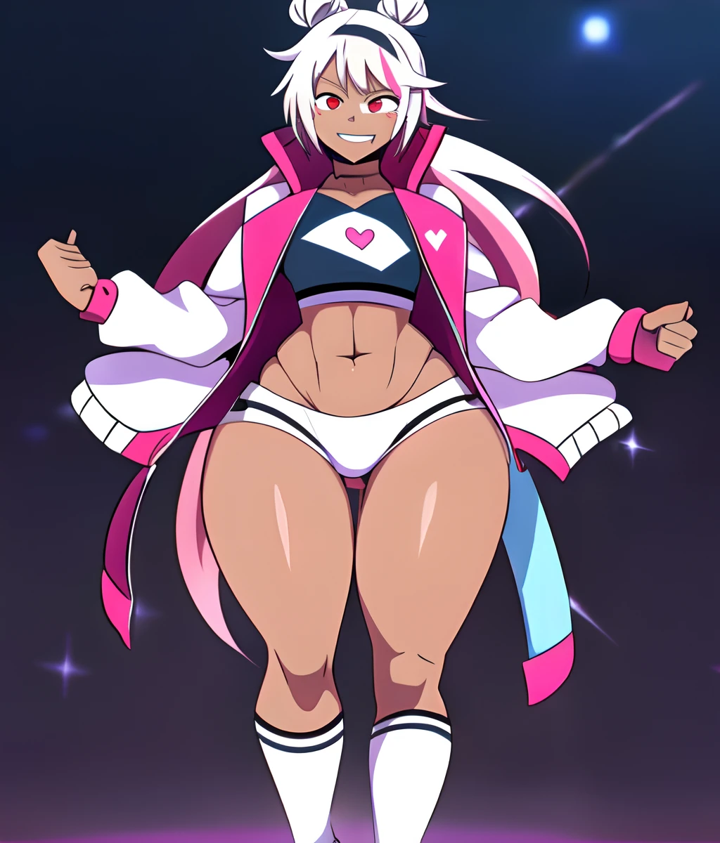 ((anime boy )), ((androgynous)),((Dark skin)), ((long white hair with pink streaks)),(( hair Styled into a Bun and braided ponytail )),((Red eyes)) , (Tall),(thin, average hips),(White half jacket), ((hot pink Crop top)) ,(Skimpy white shorts) , heart face marking,evil aura, crazy smile , ((Pop Idol)) , ((yandere: 1.5)), ((Masterpiece)), High Aesthetic, ((high quality )),((1boy, Solo)),huge ass!!, hyper thighs!!, bottom heavy,big Belly