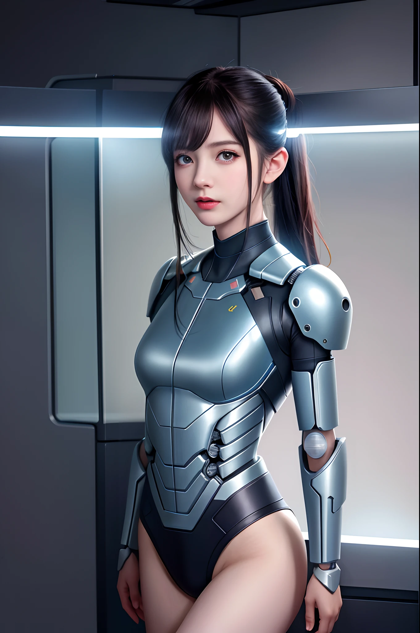 Dystopian, [sci-fi], High Detail RAW color Photo, Full Shot, of (cute female arterial intelligence, cybernetic enhancements), indoors, standing, (inside cryogenic chamber, in advanced cyberpunk research facility), toned physique, (small perky breasts, normal, large ass, (pale skin), (cybernetic implants:1.2), (augmentations), (cyborg:1.1), (detailed skin, diffused skin pores), silicone, metal, (highly detailed, fine details, intricate), (lens flare:0.4), (bloom:0.4), diffused soft lighting, raytracing, shallow depth of field, (Oliver Wetter), photographed on a Canon EOS 5D, 90mm micro lens, f/8, sharp focus, smooth, cinematic film still from Blade Runner 2049, [Cyberpunk:Dieselpunk:0.25]