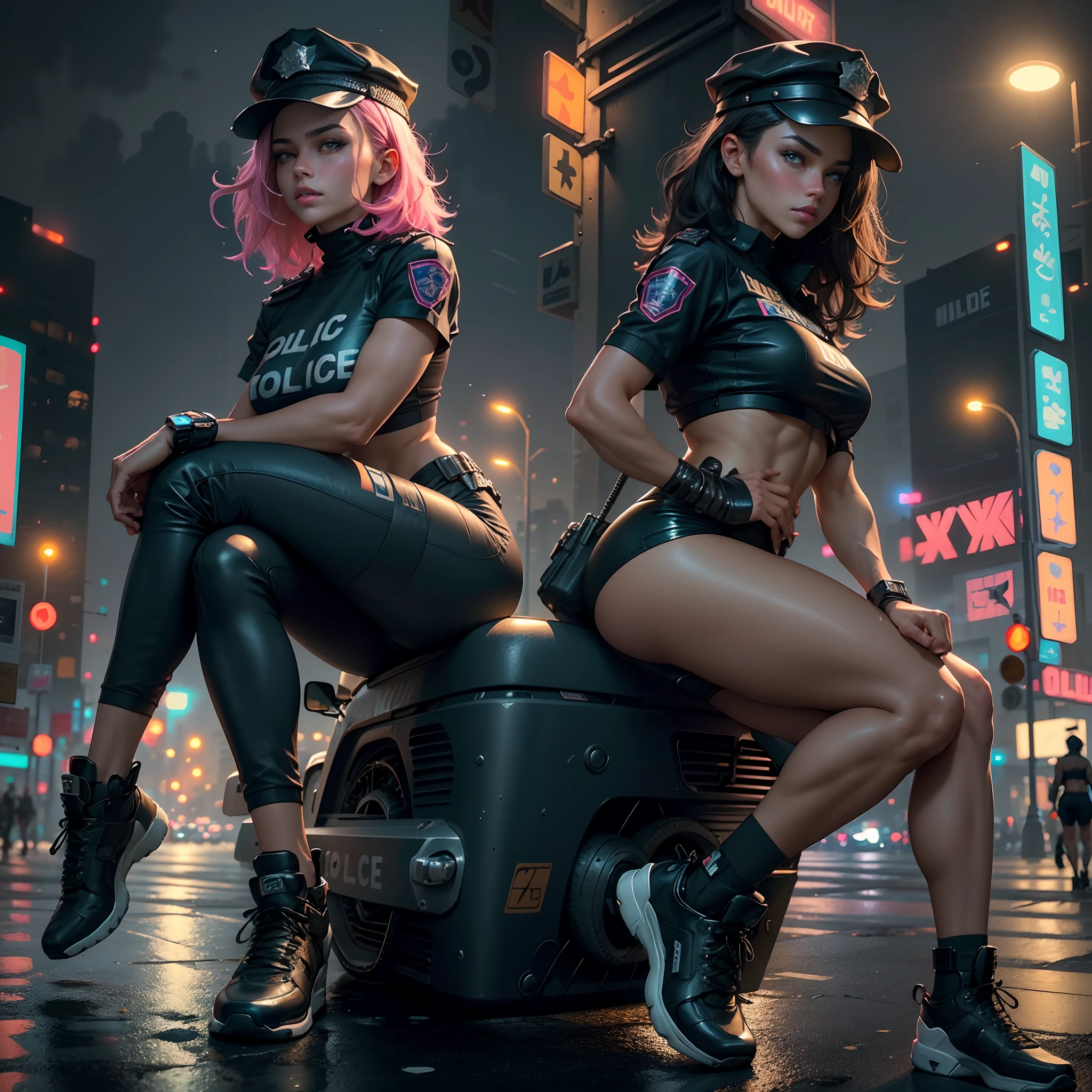 Beautiful woman with medium hair, in a police cap, Short clothes in the style of cyberpunk police, Tanned:2 Skin, It looks contrasting, good anatomy, Muscles are drawn, sitting in futurasric bike,The evening sky is overcast, in the background ((nighttime)) Colorful Neon City, wet asphalt