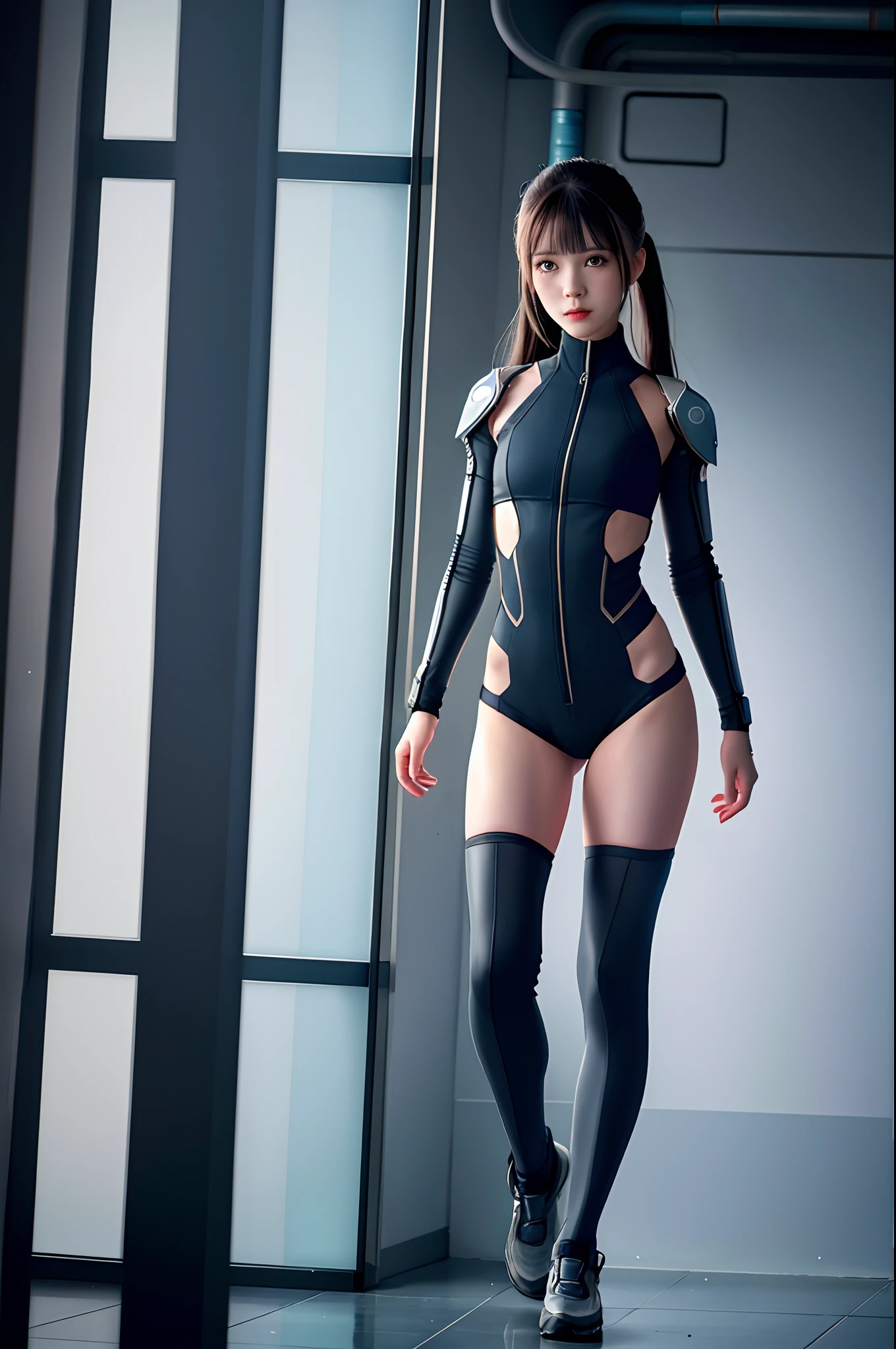 dystopian， [sci-fy]， High-detail RAW color photos， full-shot， 's （cute female arterial intelligence， cybernetically enhanced）， inside in room， standing on your feet， （In a cryogenic chamber， In a state-of-the-art cyberpunk research facility）， Toned physique， （Small lively breasts， Normal， big assa，pony tails （paleskin）， （cybernetic implants：1.2）， （enhancer）， （cyborg people：1.1）， （Detailed skins， Diffuse of skin pores）， silica gel， metals， （highly  detailed， finedetail， 复杂）， （lens flare glow：0.4）， （flood：0.4），diffused soft lighting，Ray traching，shallowdepthoffield，（Oliver Waite），taken on a Canon EOS 5D，90mm micro lens，f / 8，Clear focal length，Smoothness，Motion picture film，A scene from the《Blade Runner 2049》，[cyber punk perssonage：Dieselpunk：0.25]