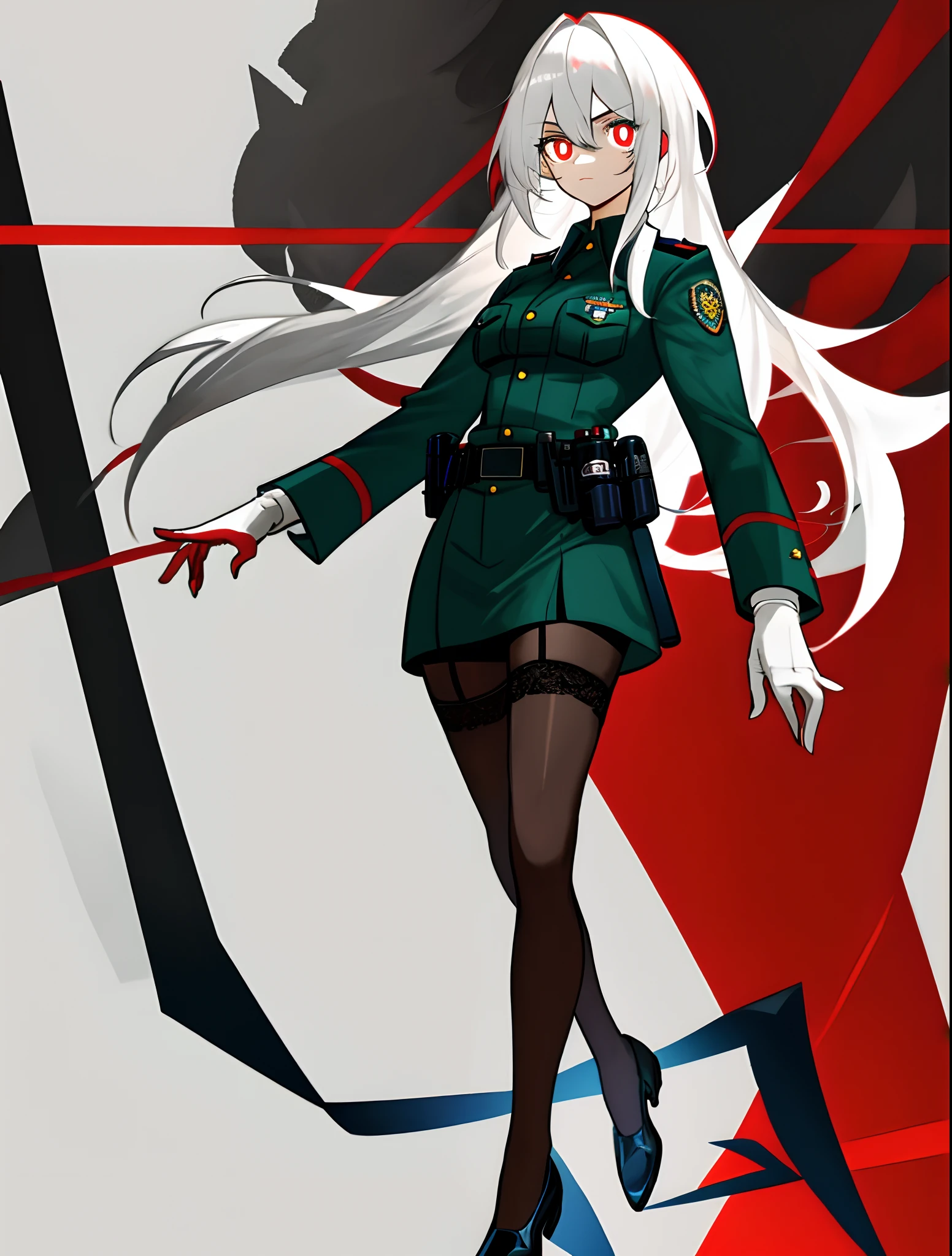 white color hair,red pupils,Police uniform,black lence stockings,