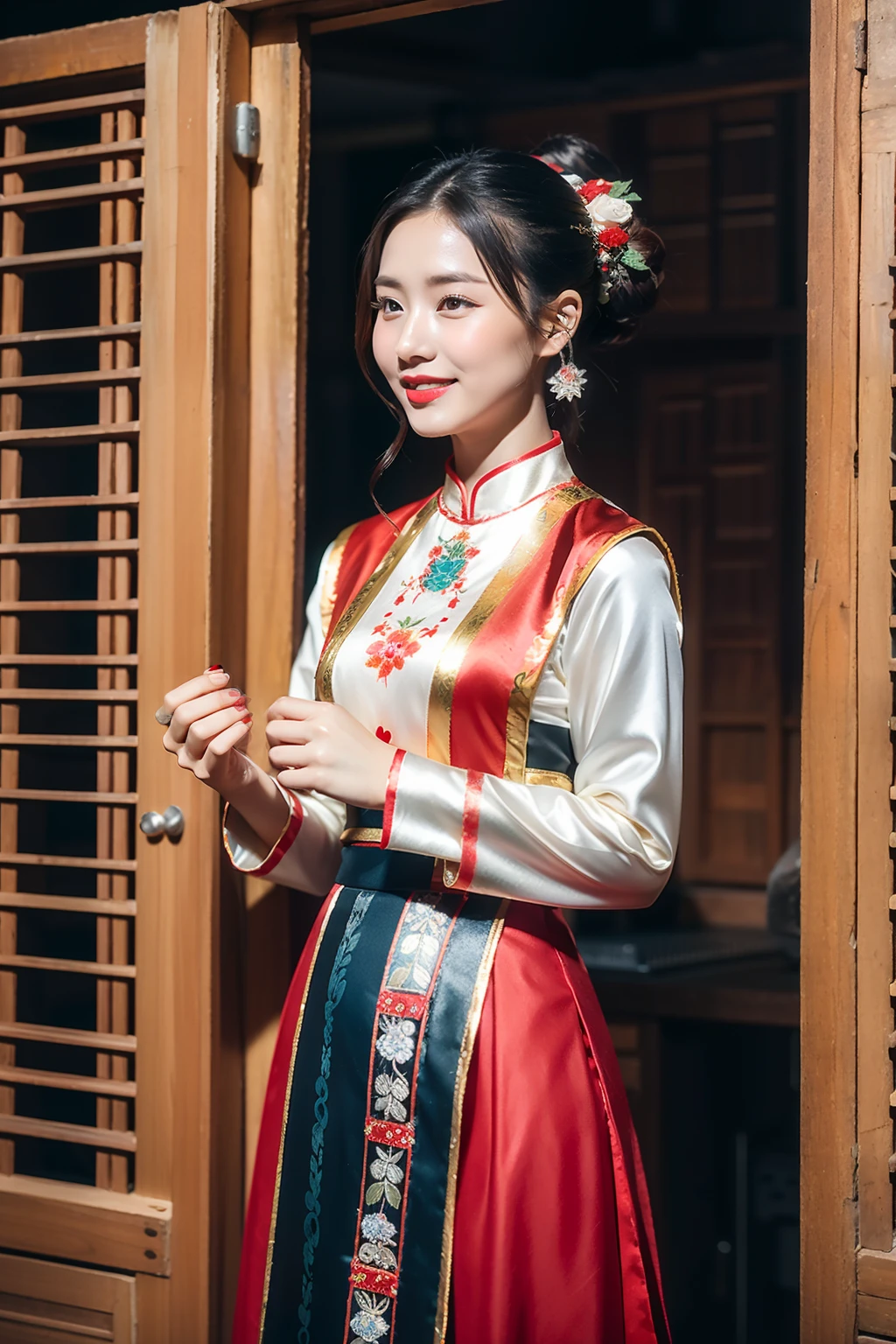 (8K分辨率,Vista full body photo),(1womanl,20yr old,s delicate face,详细的脸,Redlip,Fair smooth skin,(Classic Hmong costume:1.4,(Satin fabric with flowers,The cuffs are multi-colored horizontal strips,Cardigans,Short waist long version),Silver products,Silver necklace,Measure flowers hairpins,Less bun),(pleatedskirt,(Hmong embroidery,batik,Satin)),耳Nipple Ring,bangle,Tall and tall,Posture of conversation,perfect hand,Ultra-fine clothing material),(Traditional Xijiang Miao village,Festive party night background in cottage,Exquisite environmental details),(exhilarated,confident smile,Rejoice),(profesional lighting,动态照明),((The colors are more balanced,(black in color,blue colors,red colour))),(Golden section,Cinema lenses,Hasselblad photograp,tmasterpiece:1.3),(Miaozhai idol,Focus on the field,trendsetting,Folklore artist,Art platform)