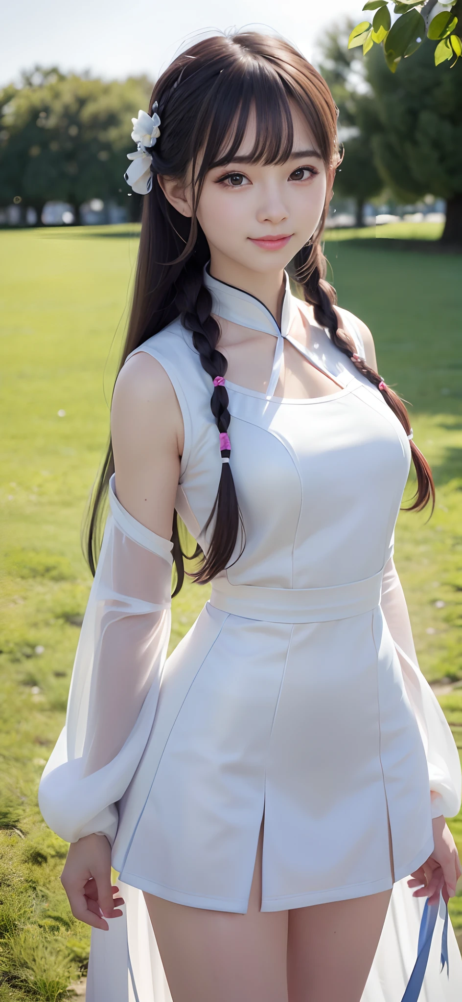 18-year-old smiling female classmate，（best qualtiy，8K，tmasterpiece:1.3），Goose egg face，largeeyes，long eyelasher，Exquisite（live-action realistic style），Star-like eyes，Ultimate face，Photorealistic light and shadow，Clear facial features，Milky white skin，Fair skin， highdetailskin， Realistic skin details， Visible Pore，（Super detail），（perfect bodies：1.1），Two braids，Hanfu，Ribbons，（dynamicposes），((Dynamic background((volumettic light：1.3)) ，grassy fields，University campuses