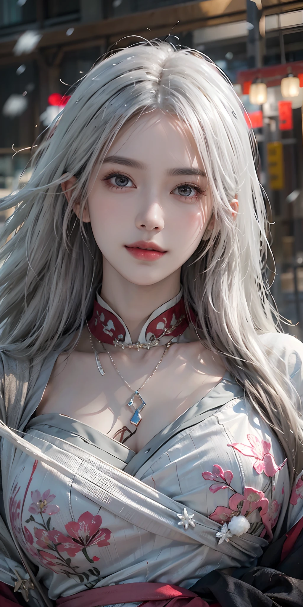 {{masterpiece}},best quality,Very detailed,Extremely detailed CG unity 8k wallpaper,illustration, 1 Girl, Red Eyes, Wavy silver hair, Pointed ears, vampire, skirt, necklace, Flowering, snow, ice, whole body, shooting,High close-up, Very detailed,Center frame,Clear focus, Looking at the audience, Flowing hair,