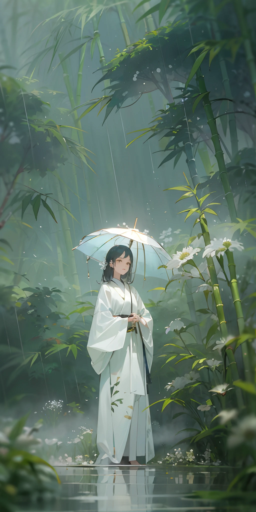 Masterpiece, Best quality, Studio lighting,White wildflowers，Cloudy, dense fog，Small rivers, bamboo forrest,  rain, lighting