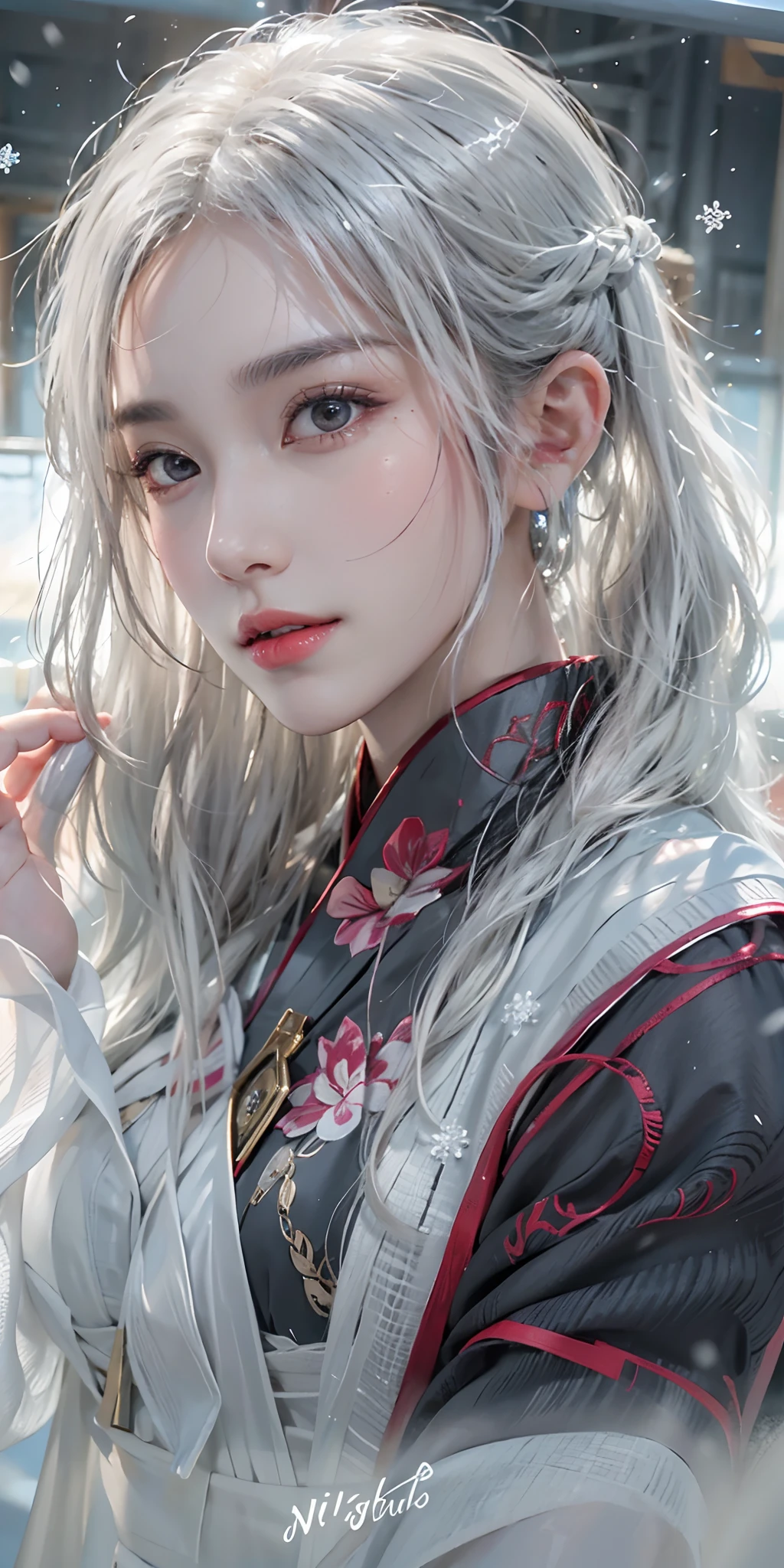 photorealistic, high resolution, soft light,1women, solo, hips up, shining skin, (detailed face),tattoo, jewelry, hanfu, cloak, snow, night, white wavy hair, Beautiful Soldier, Eyes That Invite Viewer, Lover's Perspective, Inviting Expression, Sexy Smile, Perfect Style, Perfect Balance, Detailed Skin, Naughty Gaze, Chest Visible