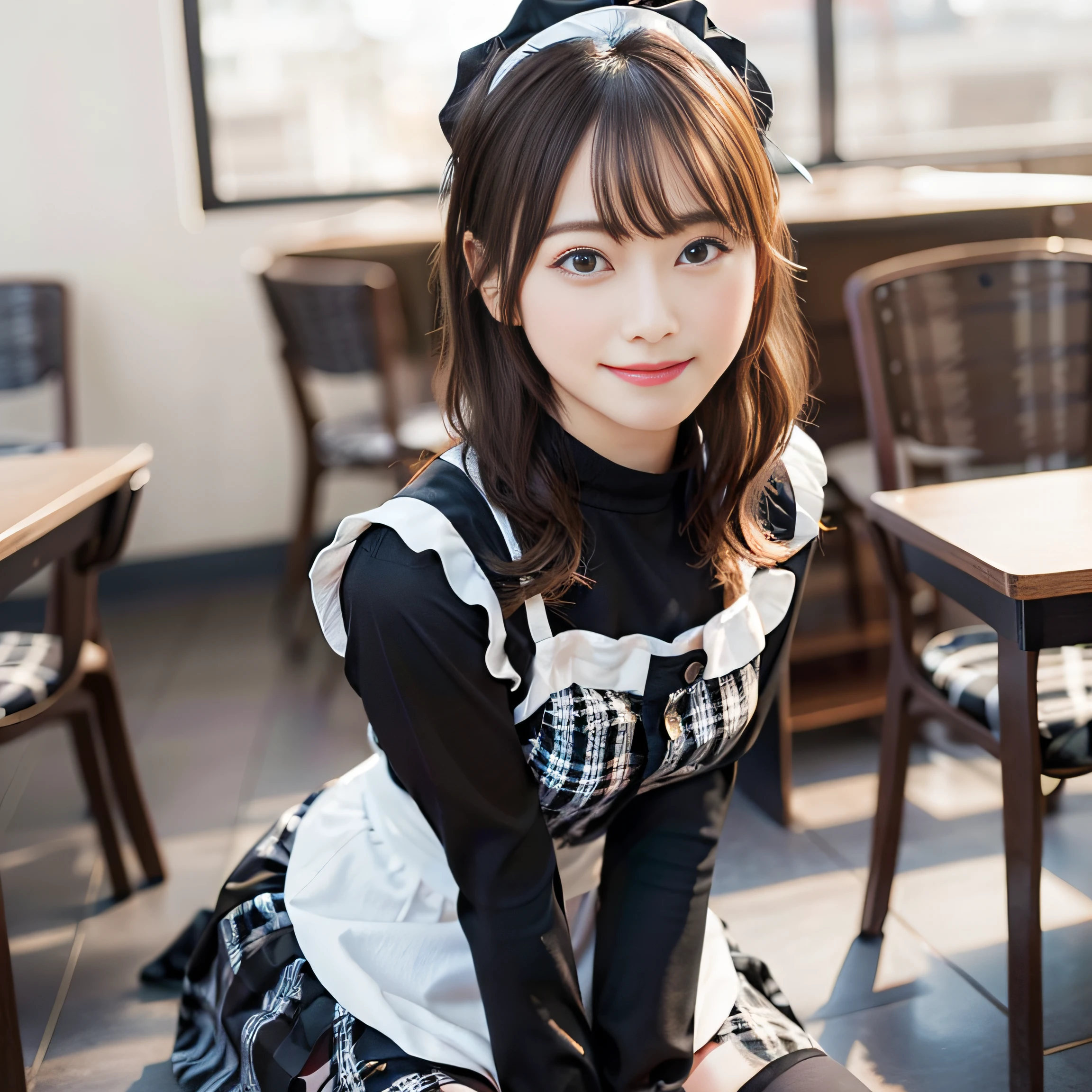 in 8K,Best Quality:1.4, 超A high resolution:1.5, (Photorealistic:1.4),masterpiece:1.2,(top-quality:1.4)、 Raw photo、 (the background is blurred), 1日本人の女の子, Cute, (Solo:1.4), (Shy smile), Smooth skin、 (Brown medium hair,Bangs),nogizaka,Supple fingertips,Beautiful black eyes、dual、natural skin textures:1.3, realistic eyes and face details:1.7、middlebreasts、during daytime、Toned buttocks:1.5、gazing at viewer,The camera is3mBackward, Cheerful,(maid:1.2),Bow,Long sleeves, Black sleeves,(Long tights with black plaid:1.5),Maid headdress,maid apronl,cafeteria,Upper body:1.8,(detailed hairs:1.1), (Detailed eyes:1.1)