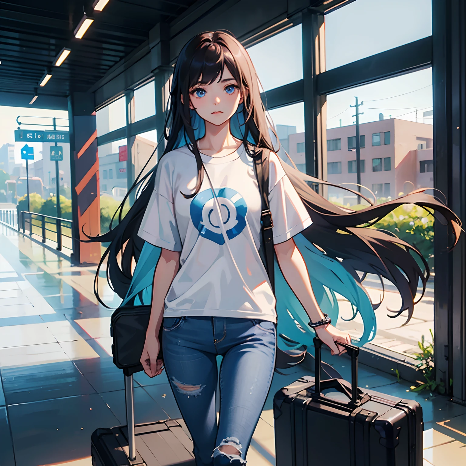 A handsome girl,Long hair with a shawl,Wear a simple t-shirt and jeans,It seemed a little nervous。She dragged a suitcase,It was a little difficult to walk into the school gate