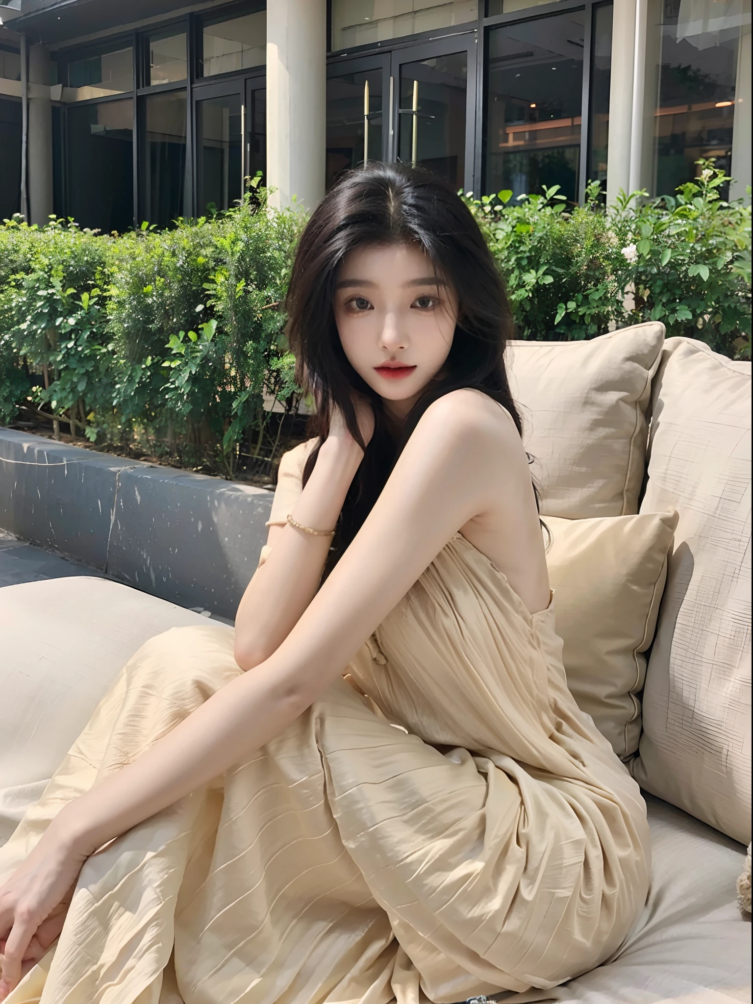 Arakfi woman sitting on sofa in beige dress, xintong chen, wenfei ye, shaxi, gorgeous chinese models, full-body xianxia, gongbi, xue han, xision wu, mai anh tran, mingchen shen, Yun Ling, Middle metaverse, An Asian woman, A young Asian woman