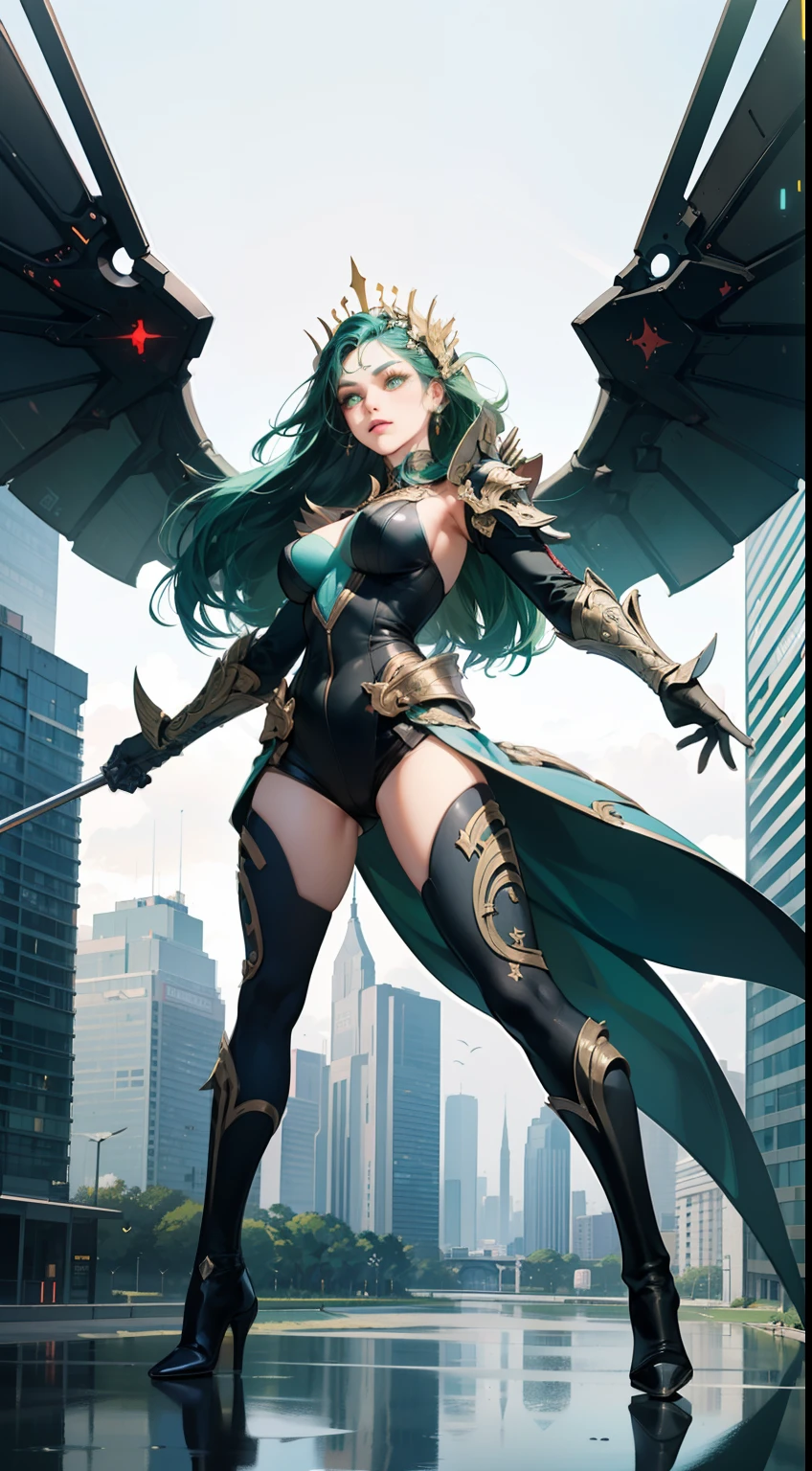 "Design ((full body)) ((4k)) (((HD))) a unique superheroine that seamlessly blends modern aesthetics with the bravado of a contemporary superhero. This heroine exudes the sleekness and innovation of today's superhero world while drawing inspiration from classic valor.
Her appearance is a fusion of cutting-edge design and high-tech functionality. She wields a state-of-the-art flail with a spherical head adorned with retractable spikes, a symbol of her adaptability in combat and her unwavering commitment to safeguarding the city.
Her armor is a marvel of polymer technology, (((combining sleek lines and futuristic materials))). The dominant color scheme consists of deep ((green with red)) and gold accents, giving her a regal yet dynamic presence as she navigates through urban landscapes.
Glistening metallic wings emerge from her back, engineered with advanced precision. The wings' intricate details replicate the patterns found in modern machinery, highlighting her connection to contemporary innovation and her ability to maneuver effortlessly through the urban environment.
(((Her face is adorned with intricate patterns))) that reflect circuitry and ((digital motifs)), representing her integration with cutting-edge technology. Her piercing green eyes glow with determination and a keen sense of justice, reflecting her vigilant watch over the city.
In summary, this superheroine embodies the convergence of contemporary valor and futuristic heroism. Her flail, wings, and color palette contribute to her distinctive identity as a city protector, combining modern advancements with her relentless dedication to justice."