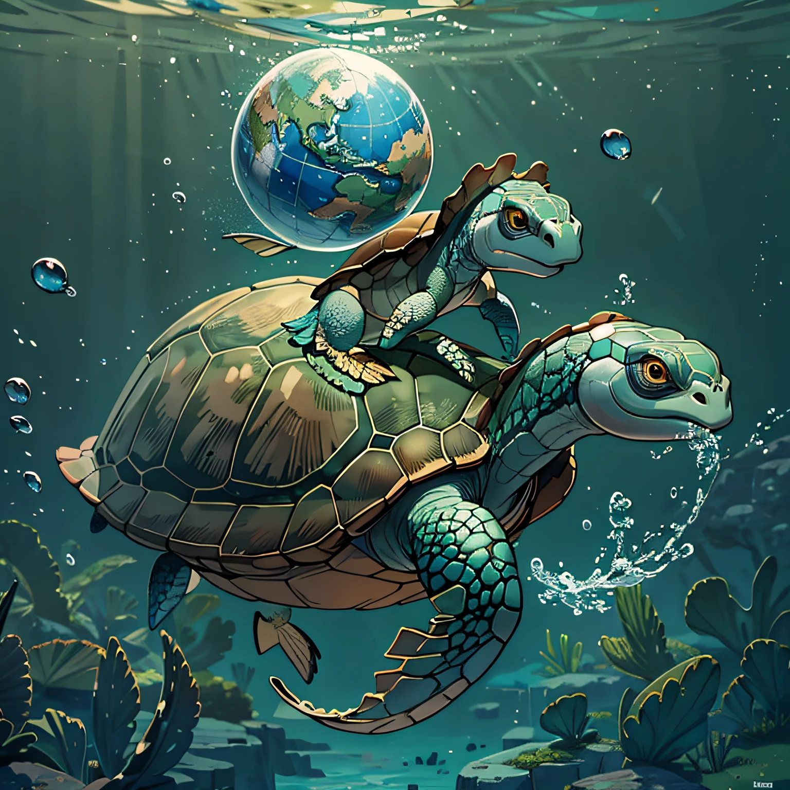 A turtle riding a seahorse while carrying the globe on its back,Turtle,Under water, Shrinking in a turtle shell, hyper HD, Masterpiece, High quality,
