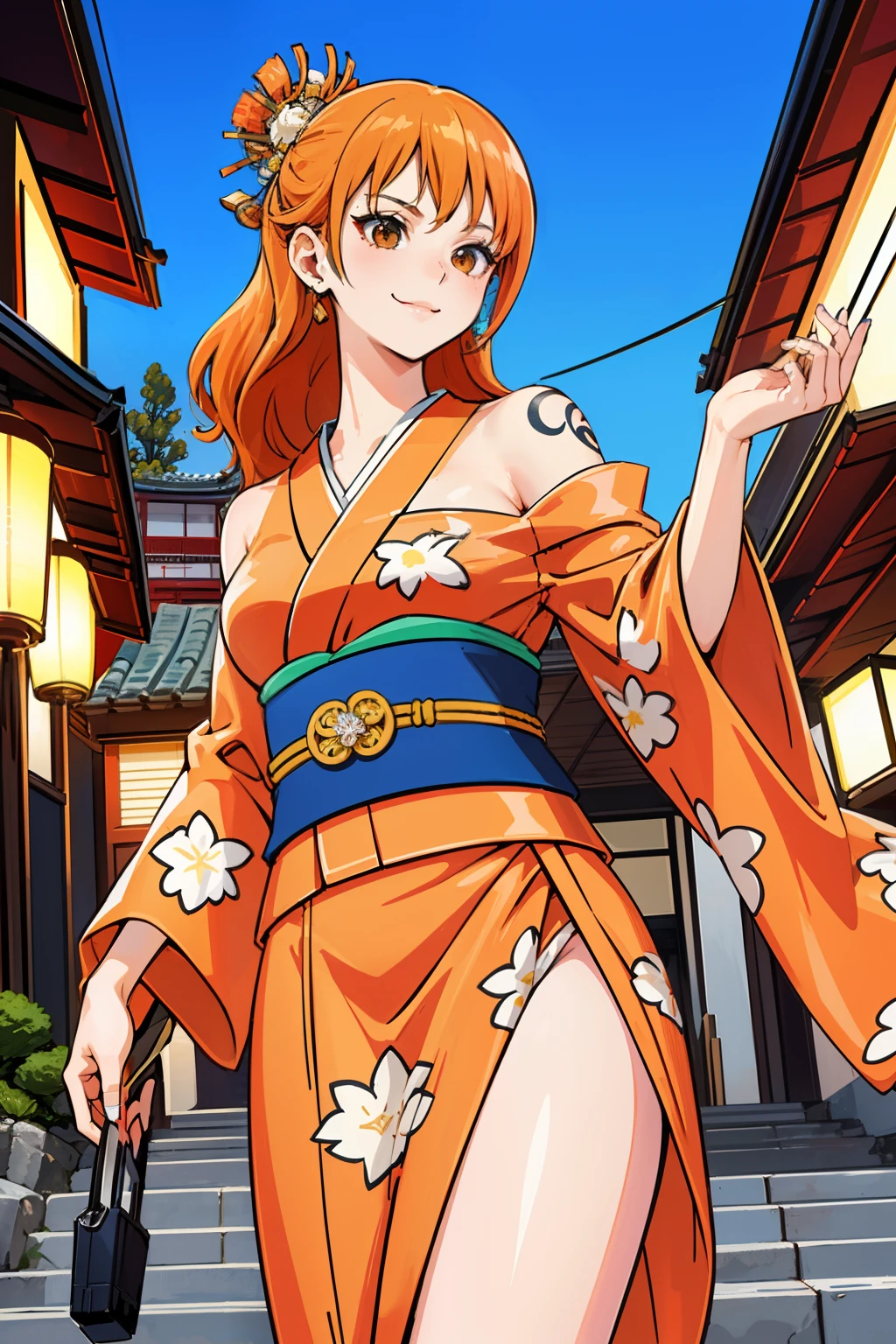 masterpiece, ((ultra detailed background, delicate pattern, intricate detail)), (highly detailed, fine details), best quality, ((medium breasts, slim girl)), NamiChan, 1girl, orange hair, solo, long hair, jewelry, ((medium breasts, slim girl, japanese clothes, kimono, left shoulder tattoo)), hair ornament, brown eyes, smile, earrings, (complex detailed background, outside, urban environent, traditional japanese town environment, japanese buildings, cowboy shot),