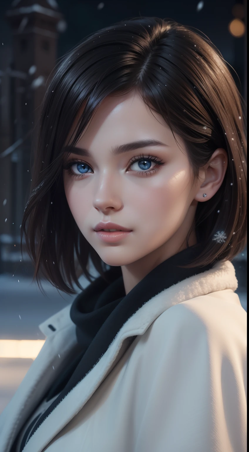 an ultra realistic birds eye shot of a very beautiful woman with gorgeous short messy hair, mesmerizing eyes, plumpy lips, posing for a photo at night outside during snow fall at 8 pm, beautiful girl model, extremely detailed and clear facial features, detailed beauty portrait, beautiful model girl, artgerm ; 3d unreal engine, 8k portrait render, beautiful model, photorealistic digital painting, detailed beautiful face, gorgeous digital painting