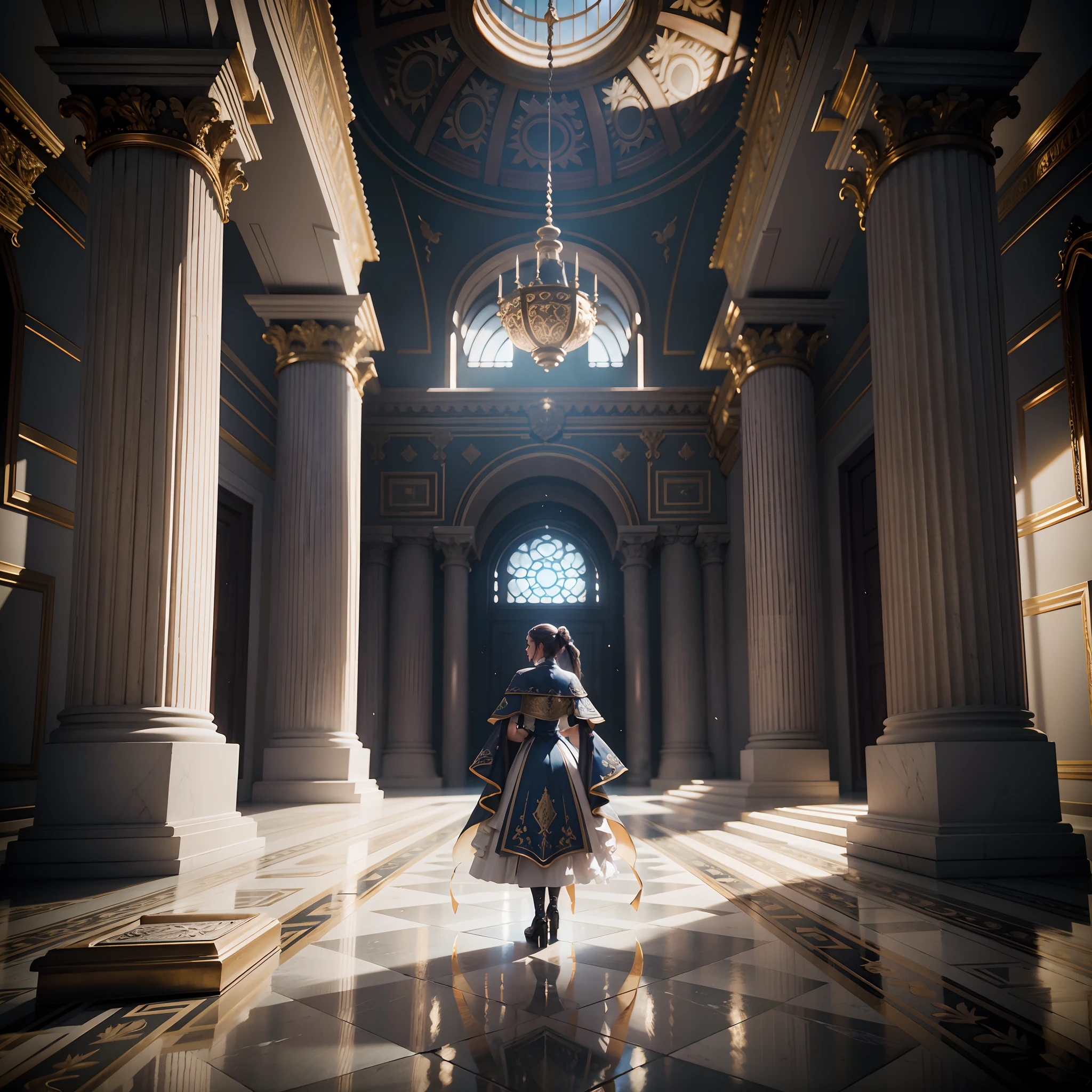 Woman in young jeans in the palace,wide angle lens f / 2.8,ultra insane high resolution intricate textures,Texture dents,Perfect perspective,perfect geometry,ultra insane ambient lighting,ultra insane ambient shadows,Luminism,Super detailed busy background,bounce lighting,inlay,Maximalism,perfectionism,IPA Award winner masterpiece,Unreal Engine5,rendering by octane