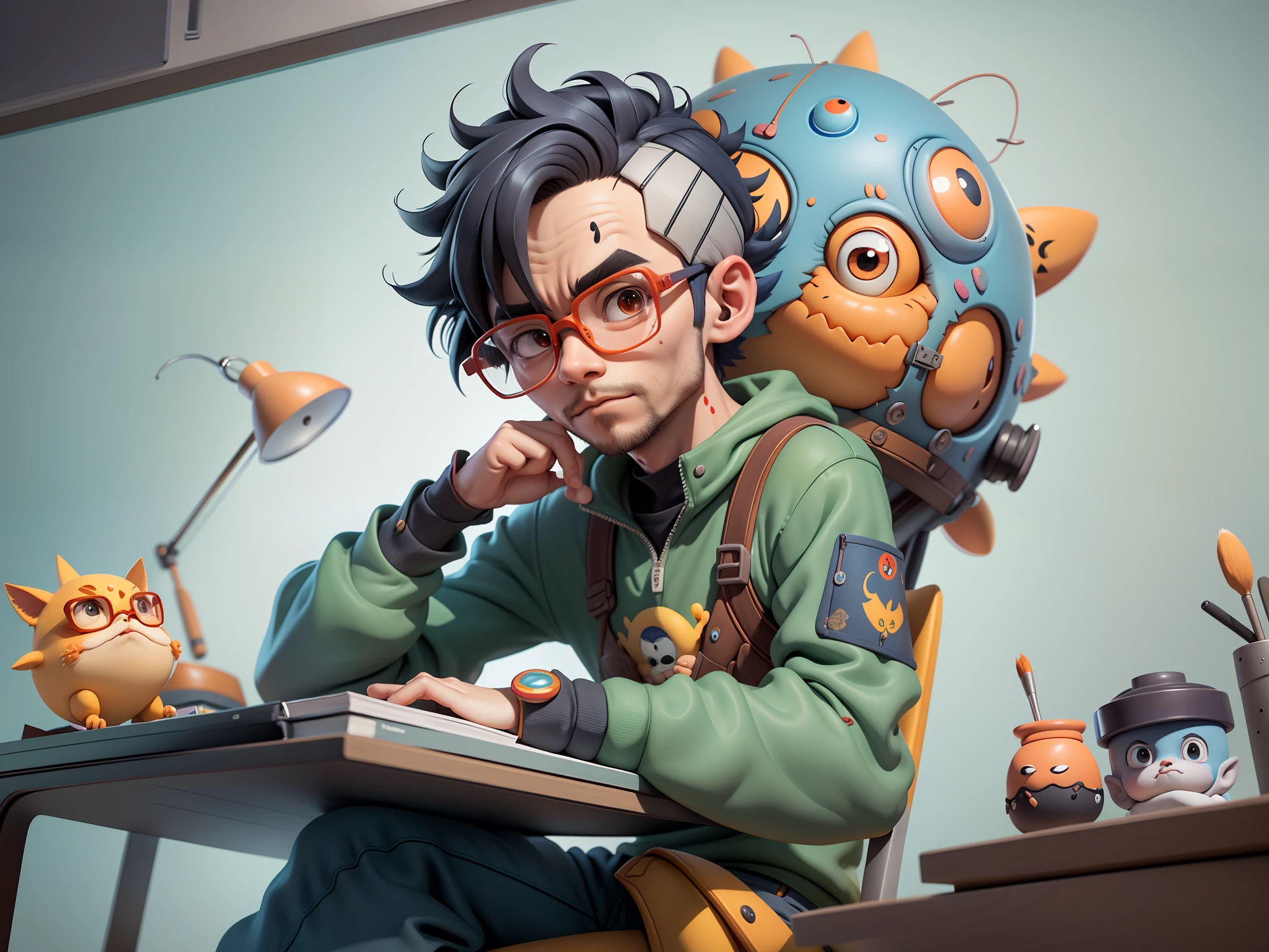 A young man with glasses sits at his desk，holding laptop，digitial painting，3D character design by Mark Clairen and Pixar and Hayao Miyazaki and Akira Toriyama，4K HD illustration，Very detailed facial features and cartoon-style visuals。