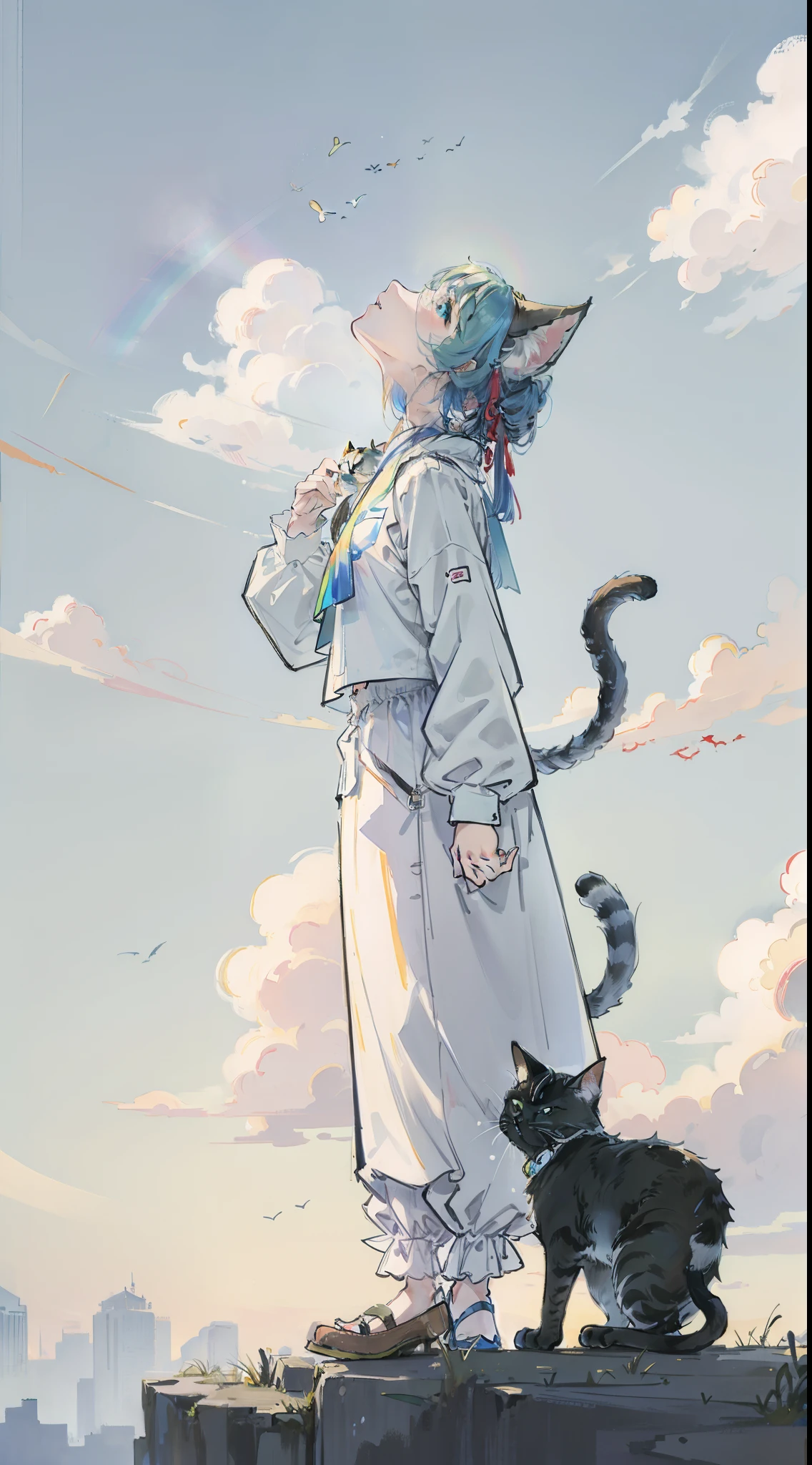 top-quality、in 8K、look up sky、((rainbow-colored hair))、((1 with cute cat.5))