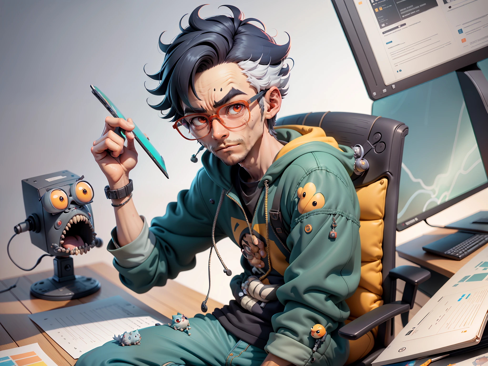 A young man with glasses sits at his desk，holding laptop，digitial painting，3D character design by Mark Clairen and Pixar and Hayao Miyazaki and Akira Toriyama，4K HD illustration，Very detailed facial features and cartoon-style visuals。