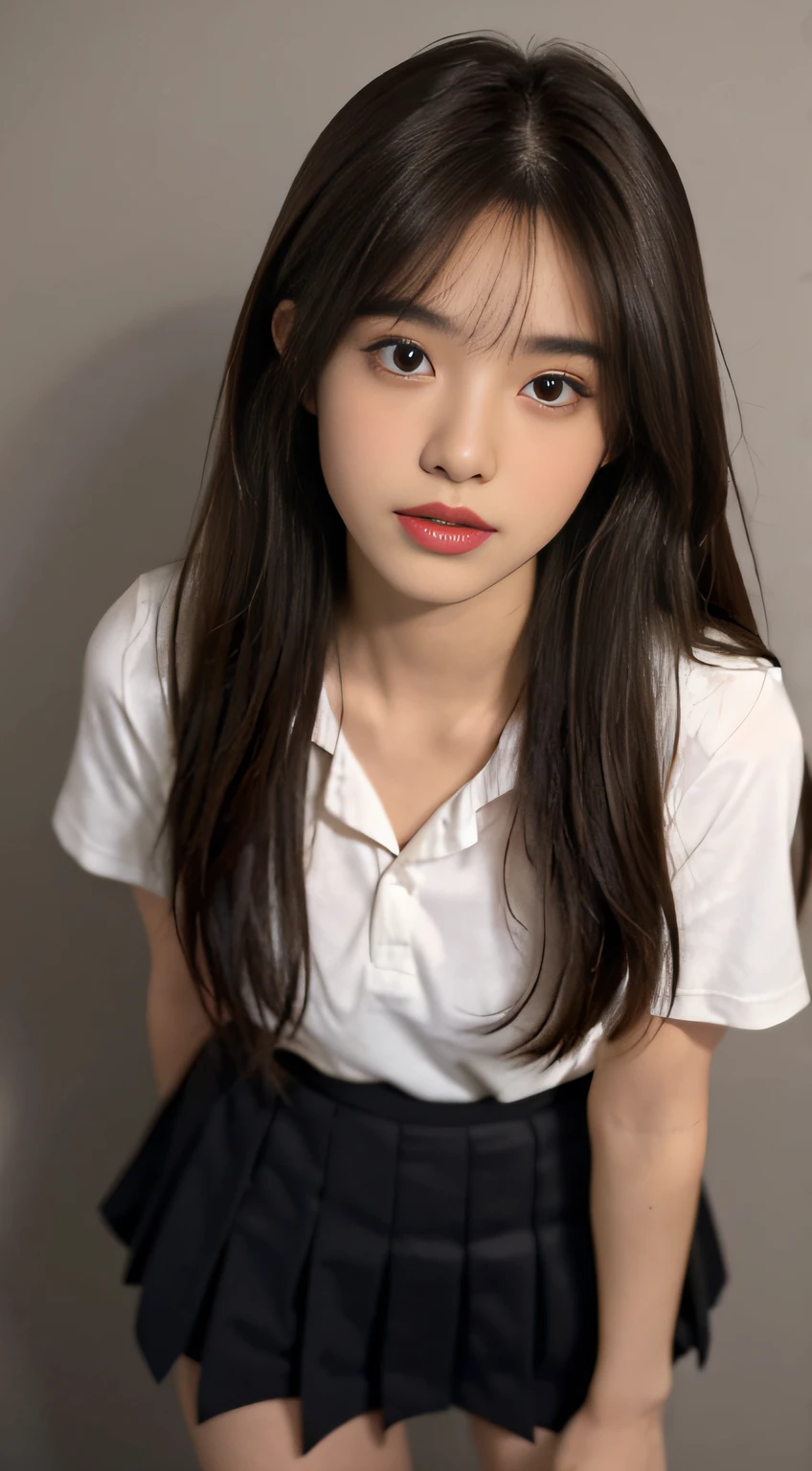 (8K, RAW photography, top-quality, tmasterpiece:1.2), A woman who is、18 year old Japan,full bodyesbian.{Movie Angle、wide angles}(Realistic skin 1.4)、(((female high-school student、School uniforms、)))、{{{It's standing}}((School uniforms、Cut the shirt、pleatedskirt、pump、))、50mm lens、30 mm film、wide angles、(Long、hair straight、)、(brunette color hair、The forehead is covered by bangs、)、Black eyes、shiny skins.beautiful delicate face、Beautiful delicate eyes、{smallunderboob、Sexy body type、Thick thighs}、Make a hole in each ear、simple background、Gray background、