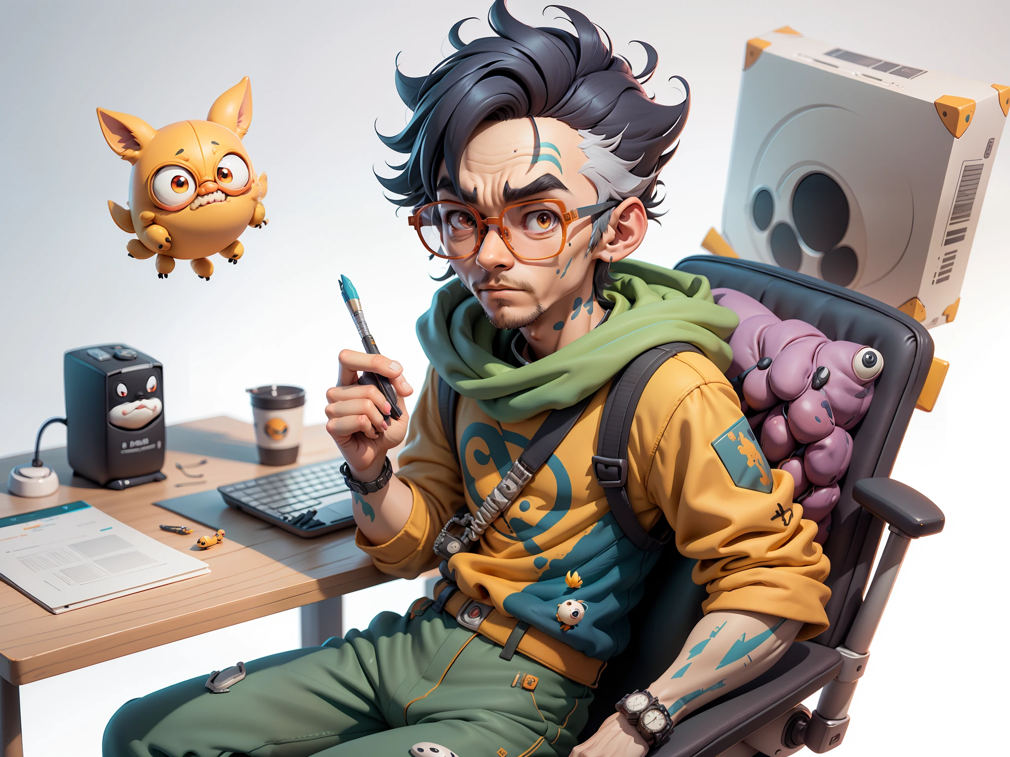 A young man with glasses sits at his desk，holding laptop，digitial painting，3D character design by Mark Clairen and Pixar and Hayao Miyazaki and Akira Toriyama，4K HD illustration，Very detailed facial features and cartoon-style visuals。