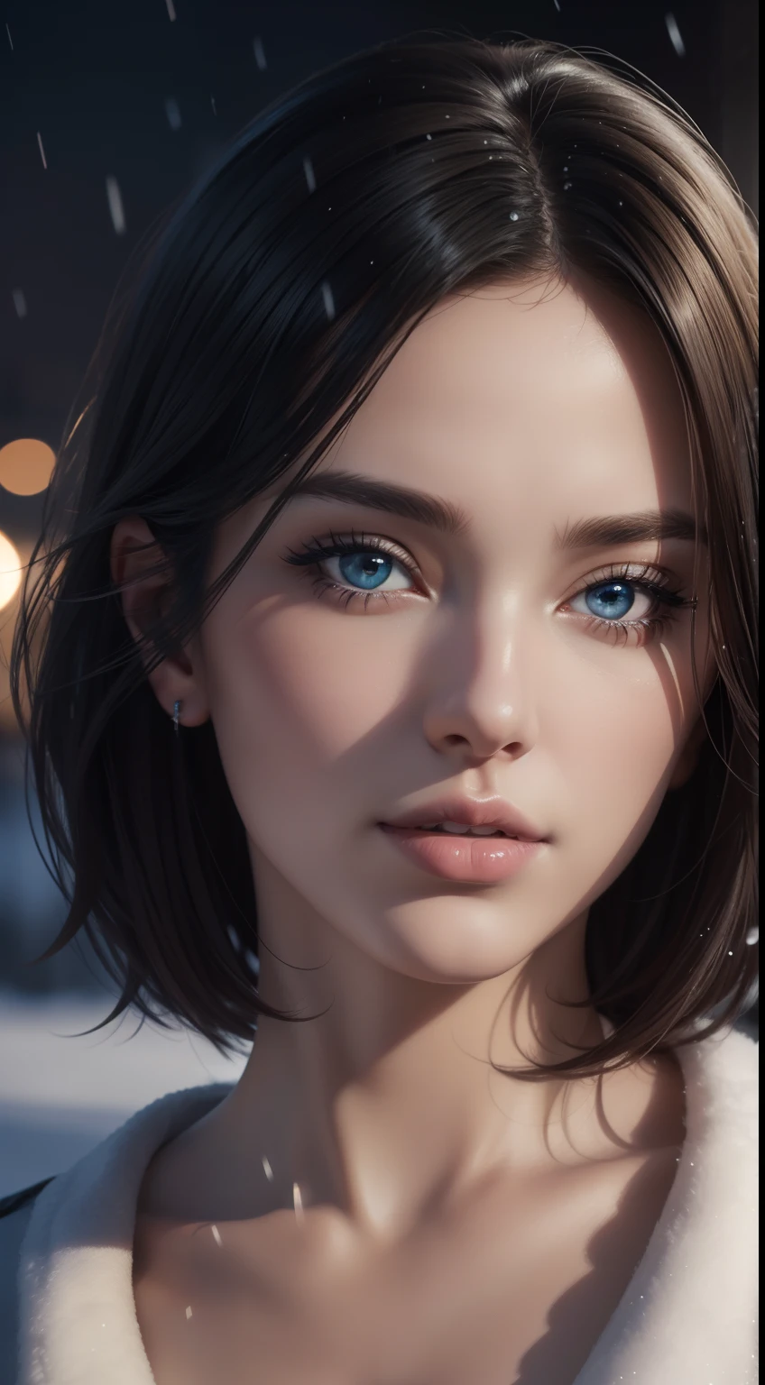 an ultra realistic birds eye shot of a very beautiful woman with gorgeous short messy hair, mesmerizing eyes, plumpy lips, posing for a photo at night outside during snow fall at 8 pm, beautiful girl model, extremely detailed and clear facial features, detailed beauty portrait, beautiful model girl, artgerm ; 3d unreal engine, 8k portrait render, beautiful model, photorealistic digital painting, detailed beautiful face, gorgeous digital painting