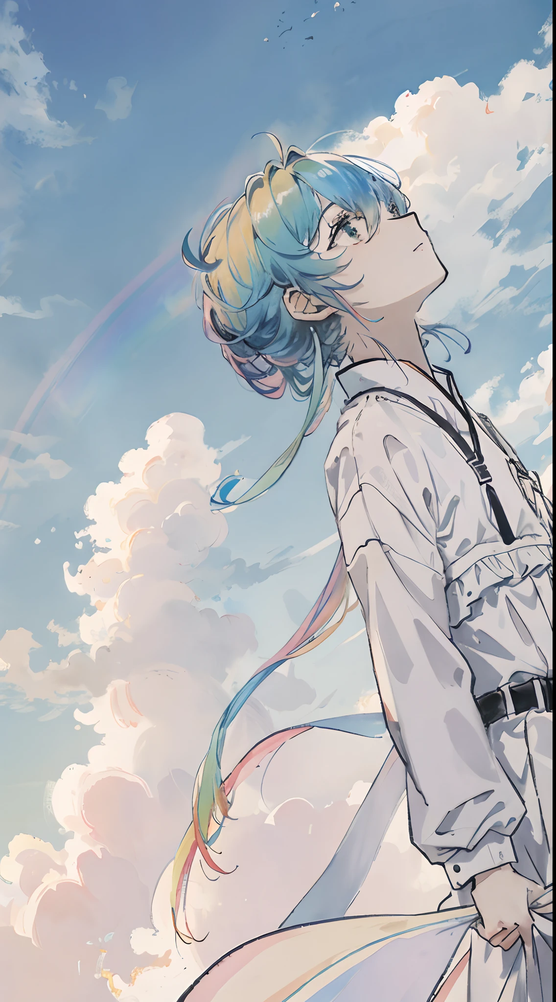 top-quality、in 8K、look up sky、（（rainbow-colored hair））