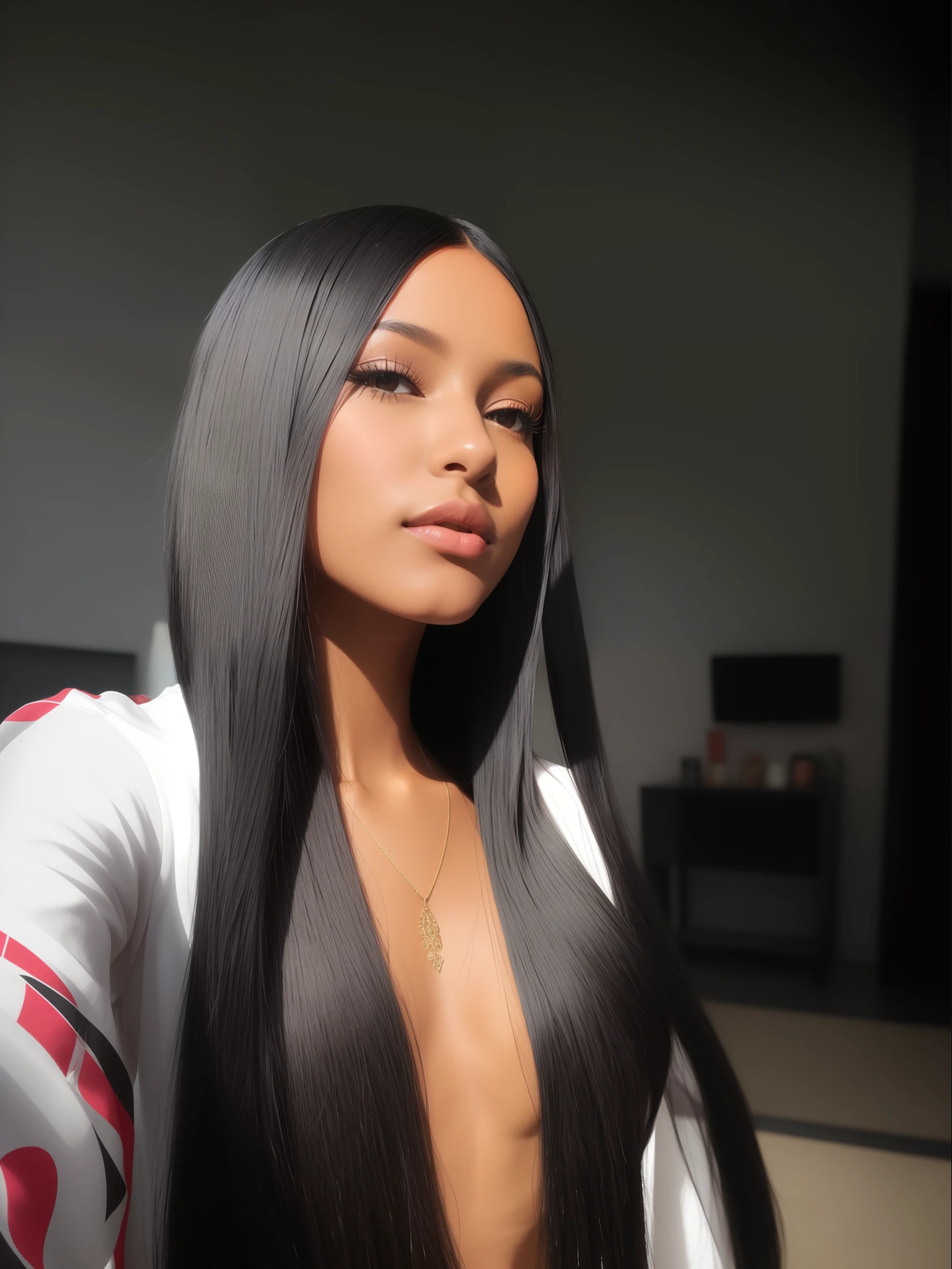 there is a woman with long black hair posing for a picture, straight black hair, black silky hair, black straight hair, long black straight hair, long straight black hair, straight hairstyle, silky straight hair, long thin black hair, dark-skinned, long free black straight hair, with straight black hair, perfect silky straight hair, her hair is long and straight