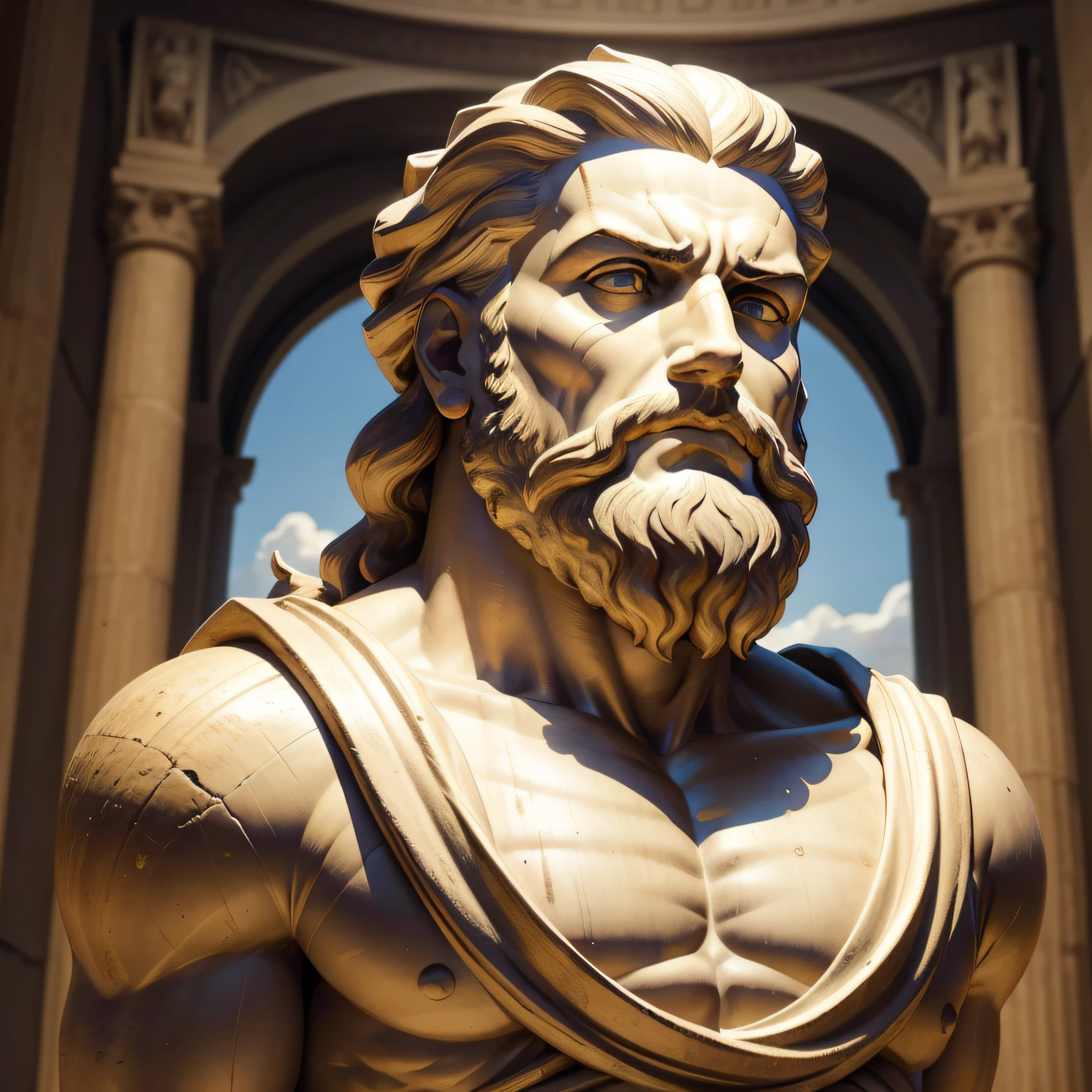 arafed statue of a man with a beard and a beard, eStoic face, greco roman statue, eStoic facial expression, divino e estoico, statue of hercules looking angry, Stoic attitude, Rosto romano, estoico and calm, Retrato de Zeus acidentado, Imperador Romano, Escultura romana, Homem de Roma Antiga, an ancient greek statue, stoic