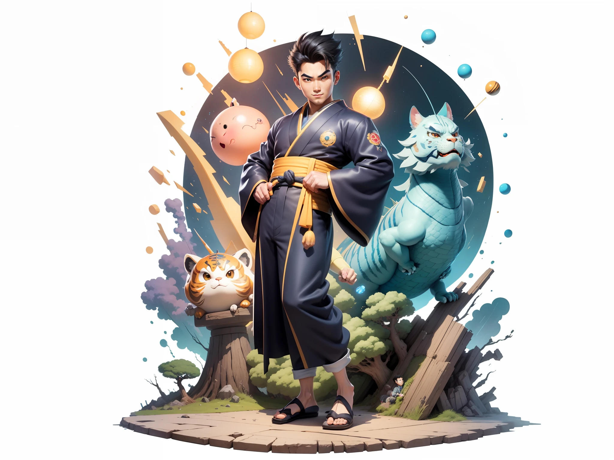 (Masterpiece), (Excellent), (Super Meticulous), (Full Body: 1.2), Super Young Man, Oriental Face, Japanese Kimono, Japanese Wind Thunder God, Dragon, Tiger, TV Anchor, Bust Portrait Illustration, Alone, Black Suit, Blue Tie, Slightly Chubby Face, Very Clean Face, No Beard, Black Super Short Hair, Black Eyes, Confident Smile, 3c Computer Sub-Products, iPad, iPhone, Digital Painting, 3D Character Design by Akira Toriyama and Mark Claireden and Pixar and Hayao Miyazaki, The illustration is a high-definition illustration in 4K resolution with very detailed facial features and cartoon-style visuals.