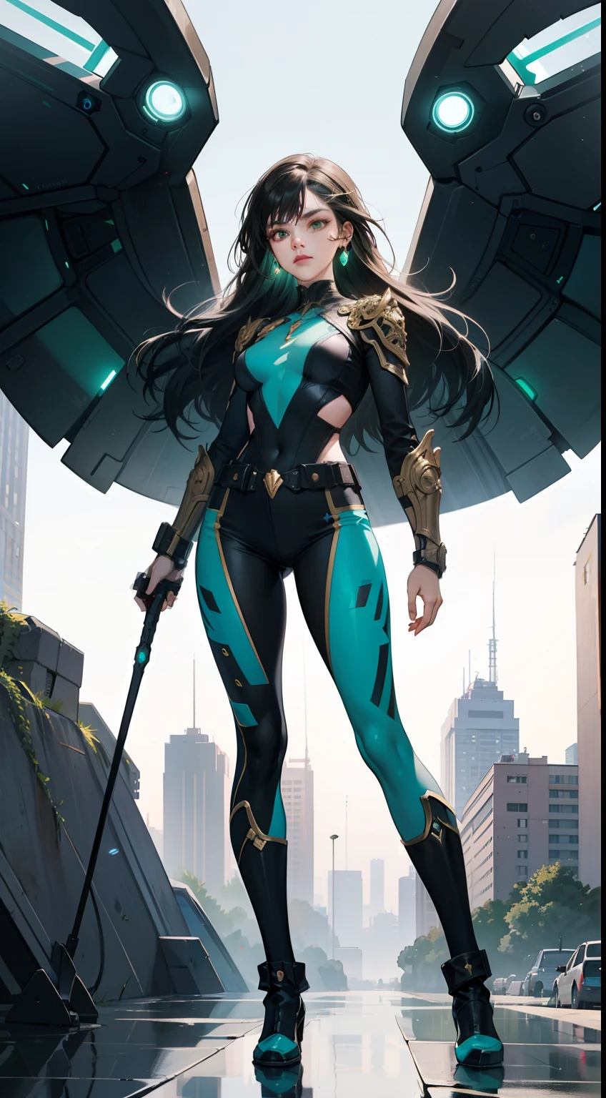 "Design ((full body)) ((4k)) (((HD))) a unique superheroine that seamlessly blends modern aesthetics with the bravado of a contemporary superhero. This heroine exudes the sleekness and innovation of today's superhero world while drawing inspiration from classic valor.
Her appearance is a fusion of cutting-edge design and high-tech functionality. She wields a state-of-the-art flail with a spherical head adorned with retractable spikes, a symbol of her adaptability in combat and her unwavering commitment to safeguarding the city.
Her armor is a marvel of polymer technology, (((combining sleek lines and futuristic materials))). The dominant color scheme consists of deep ((green with red)) and gold accents, giving her a regal yet dynamic presence as she navigates through urban landscapes.
Glistening metallic wings emerge from her back, engineered with advanced precision. The wings' intricate details replicate the patterns found in modern machinery, highlighting her connection to contemporary innovation and her ability to maneuver effortlessly through the urban environment.
(((Her face is adorned with intricate patterns))) that reflect circuitry and ((digital motifs)), representing her integration with cutting-edge technology. Her piercing green eyes glow with determination and a keen sense of justice, reflecting her vigilant watch over the city.
In summary, this superheroine embodies the convergence of contemporary valor and futuristic heroism. Her flail, wings, and color palette contribute to her distinctive identity as a city protector, combining modern advancements with her relentless dedication to justice."