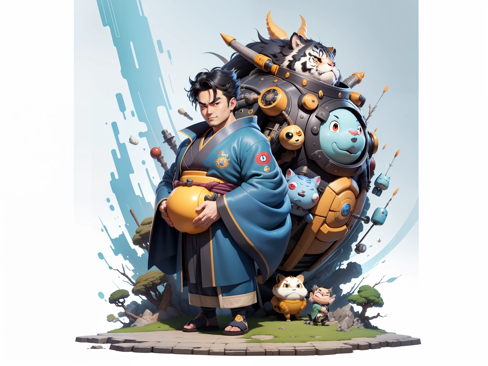 (Masterpiece), (Excellent), (Super Meticulous), (Full Body: 1.2), Super Young Man, Oriental Face, Japanese Kimono, Japanese Wind Thunder God, Dragon, Tiger, TV Anchor, Bust Portrait Illustration, Alone, Black Suit, Blue Tie, Slightly Chubby Face, Very Clean Face, No Beard, Black Super Short Hair, Black Eyes, Confident Smile, 3c Computer Sub-Products, iPad, iPhone, Digital Painting, 3D Character Design by Akira Toriyama and Mark Claireden and Pixar and Hayao Miyazaki, The illustration is a high-definition illustration in 4K resolution with very detailed facial features and cartoon-style visuals.