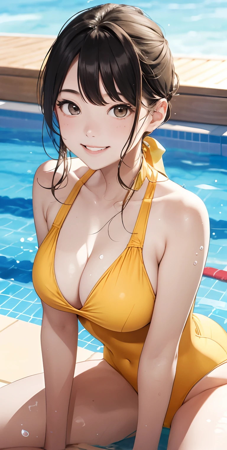 realisticlying、18-year-old girl、Wearing a yellow competition swimsuit,Smile,Cleavage emphasis,Face Real,lips a little red,cheeks a little red,A sexy,swimming pools
