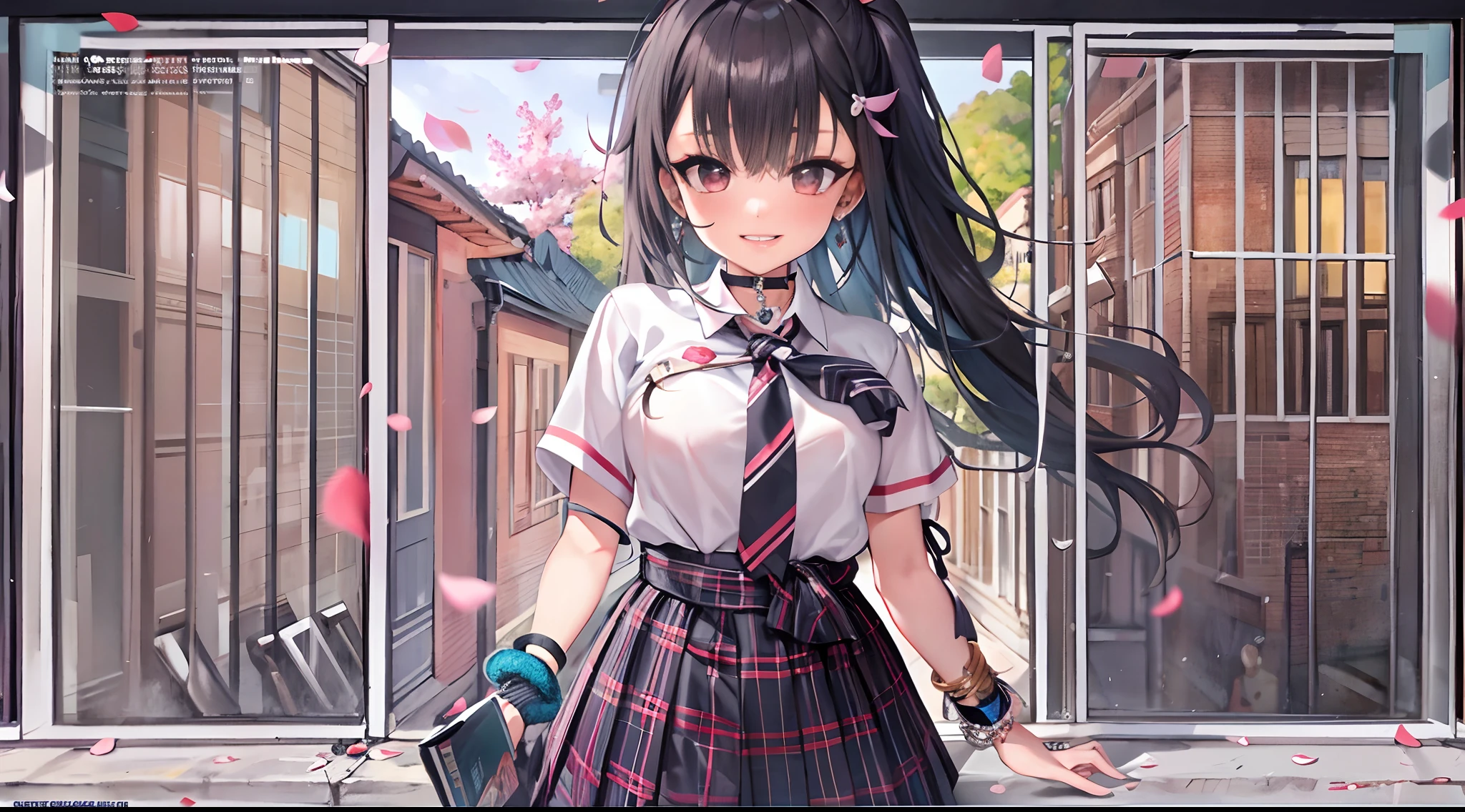 masterpiece, best quality, full body, 1girl, bangs, black choker, black necktie, black hair, blue skirt, blush, bracelet, breasts, choker, clothes around waist, collarbone, collared shirt, cowboy shot, dress shirt, ear piercing, eyebrows visible through hair, gradient hair, grin, gyaru, jewelry, kogal, long hair, looking at viewer, loose necktie, necktie, piercing, plaid, plaid skirt, pleated skirt, red eyes, ring, school uniform, shirt, skirt, smile, solo, white shirt, street, sky, cherry blossoms, petals,illustration, (magazine:1.3), (cover-style:1.3), fashionable, woman, vibrant, outfit, posing, front, colorful, dynamic, background, elements, confident, expression, holding, statement, accessory, majestic, coiled, around, touch, scene, text, cover, bold, attention-grabbing, title, stylish, font, catchy, headline, larger, striking, modern, trendy, focus, fashion,