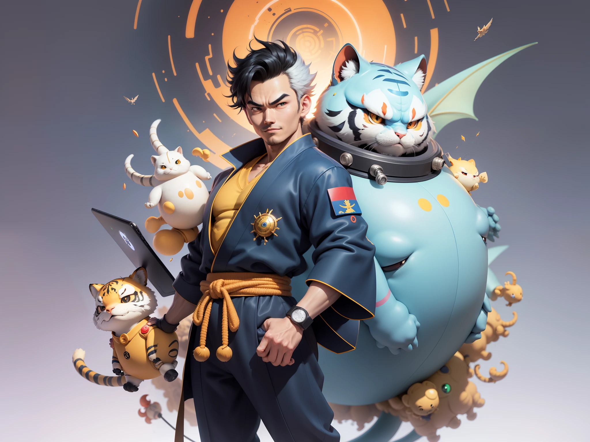 (Masterpiece), (Excellent), (Super Meticulous), (Full Body: 1.2), Super Young Man, Oriental Face, Japanese Kimono, Japanese Wind Thunder God, Dragon, Tiger, TV Anchor, Bust Portrait Illustration, Alone, Black Suit, Blue Tie, Slightly Chubby Face, Very Clean Face, No Beard, Black Super Short Hair, Black Eyes, Confident Smile, 3c Computer Sub-Products, iPad, iPhone, Digital Painting, 3D Character Design by Akira Toriyama and Mark Claireden and Pixar and Hayao Miyazaki, The illustration is a high-definition illustration in 4K resolution with very detailed facial features and cartoon-style visuals.