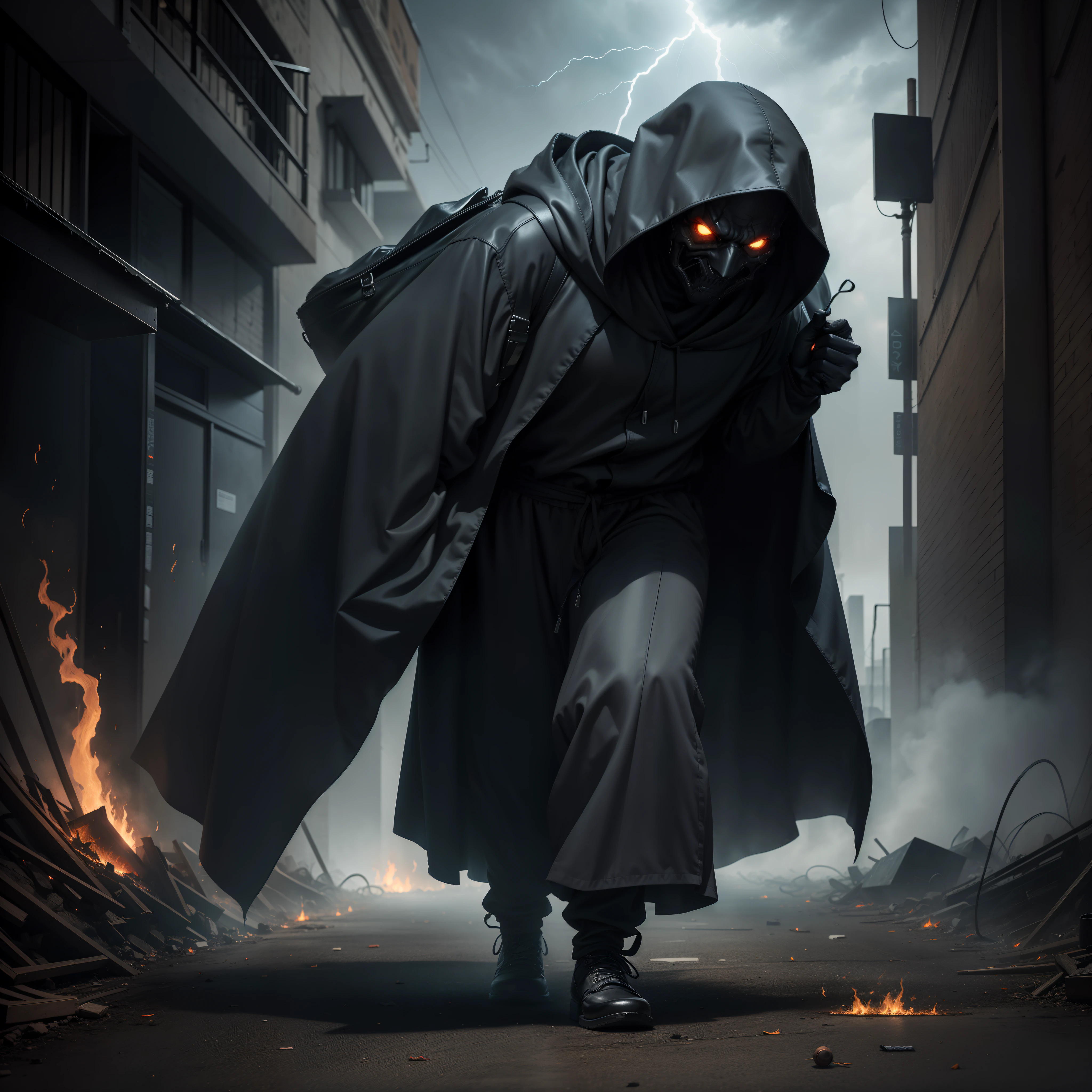 A sinister, menacing figure known as the Bag Man emerges from the shadows in a high definition image. Dressed in a dark robe that seems to absorb all light, he drags his heavy feet across the floor, creating an unsettling shuffling sound. His face is hidden in the depths of his hood, but his eyes glow with an icy, unsettling fire. He holds a battered bag in one hand, and the image is permeated with the tense atmosphere of the urban legend. Occasional lightning strikes illuminate its eyes, adding an even more terrifying touch to the scene. A representation of fear and mystery in the dark nights.