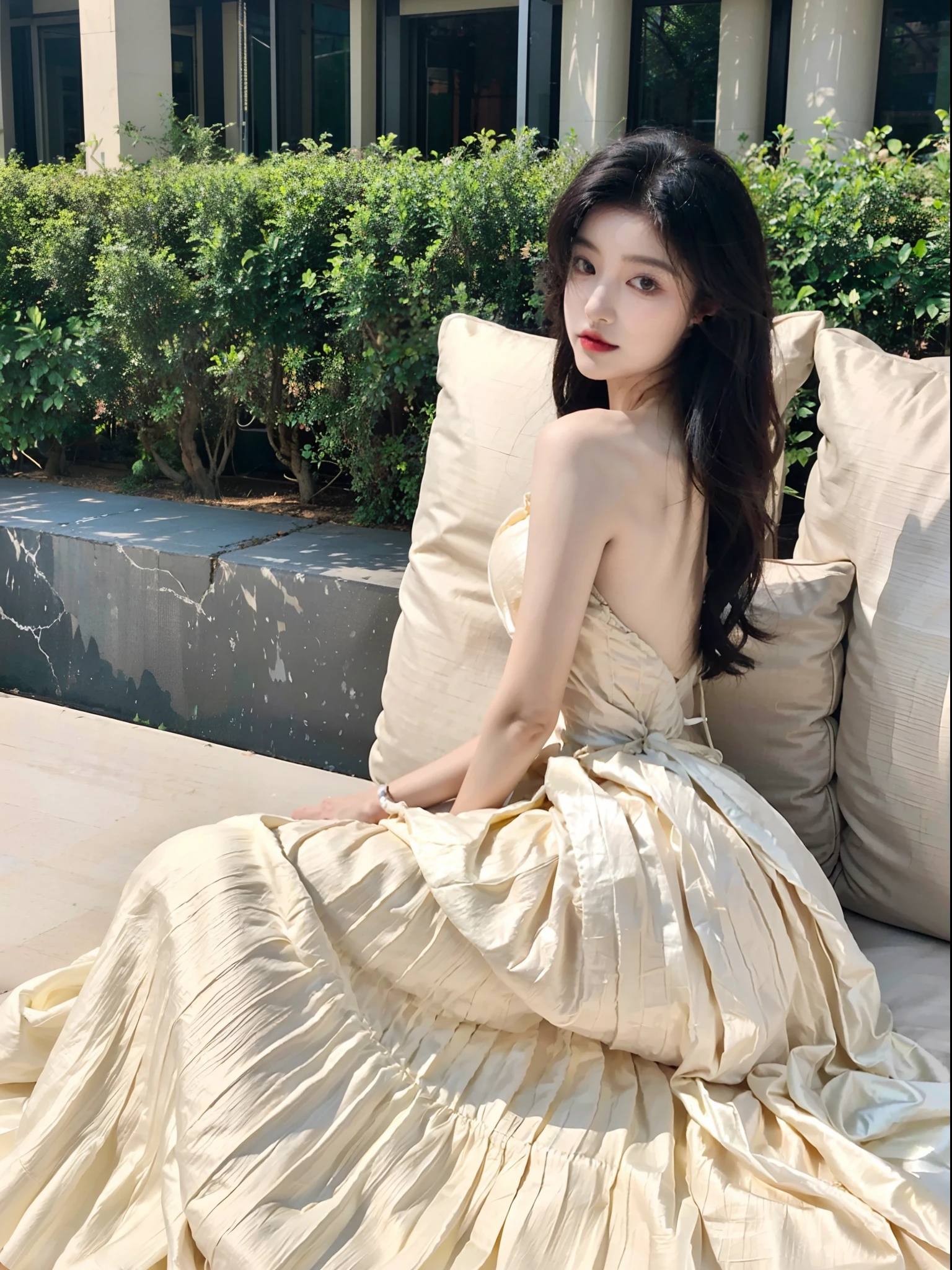 Araki woman sitting on sofa in dress, Long dress, full-body xianxia, shaxi, xintong chen, with a thin waist, ❤🔥🍄🌪, miko, wearing flowing dress, 🤬 🤮 💕 🎀, mai anh tran, 🔞🤡, light half opened dress, Dressed in elegant dresses