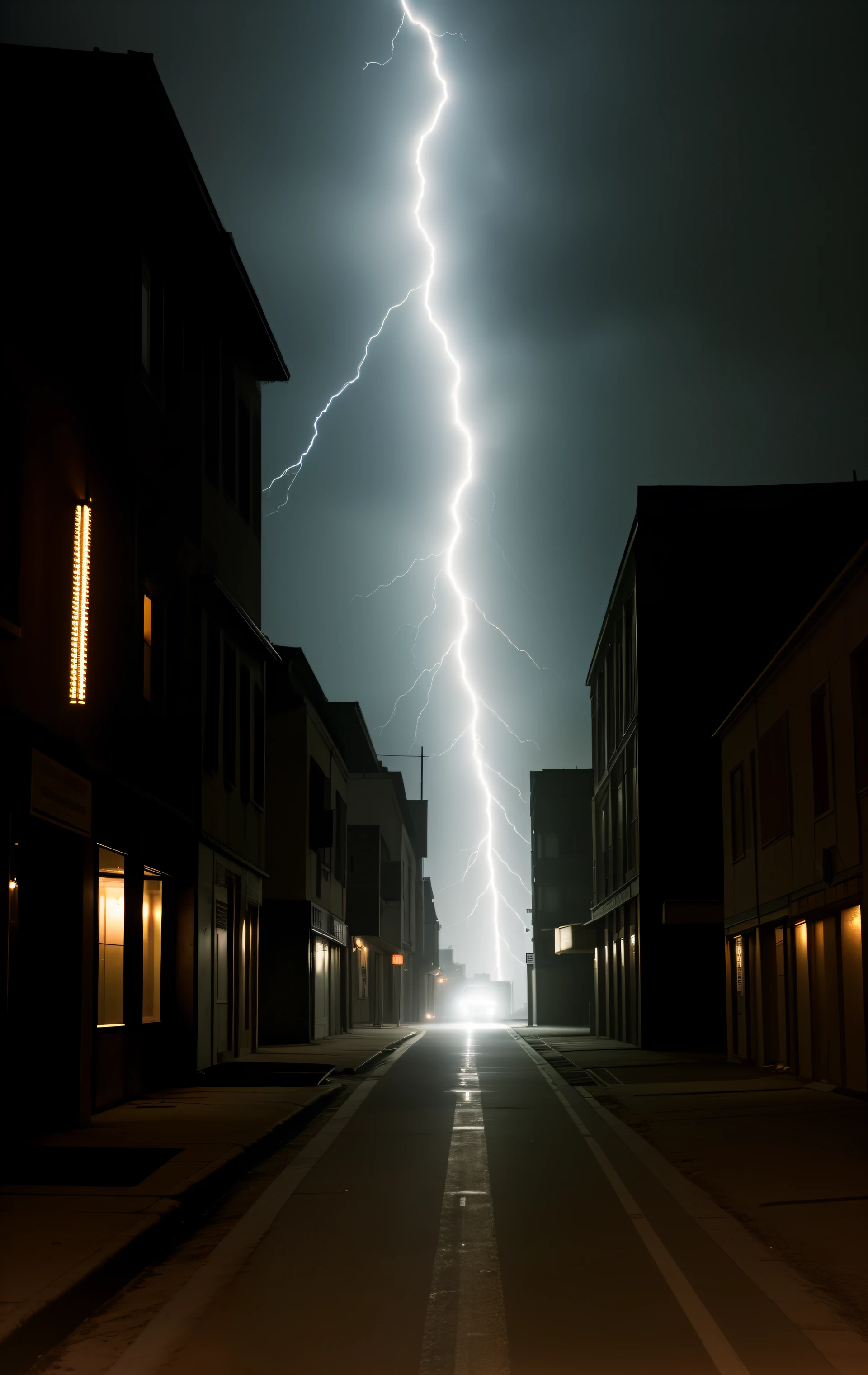 In the background, a deserted, dimly lit street disappears into a gloomy horizon, with dim, flickering lights that create unsettling shadows. The darkness is interrupted by sporadic flashes of light, as if distant lightning were illuminating the scene, underscoring the mood of suspense.