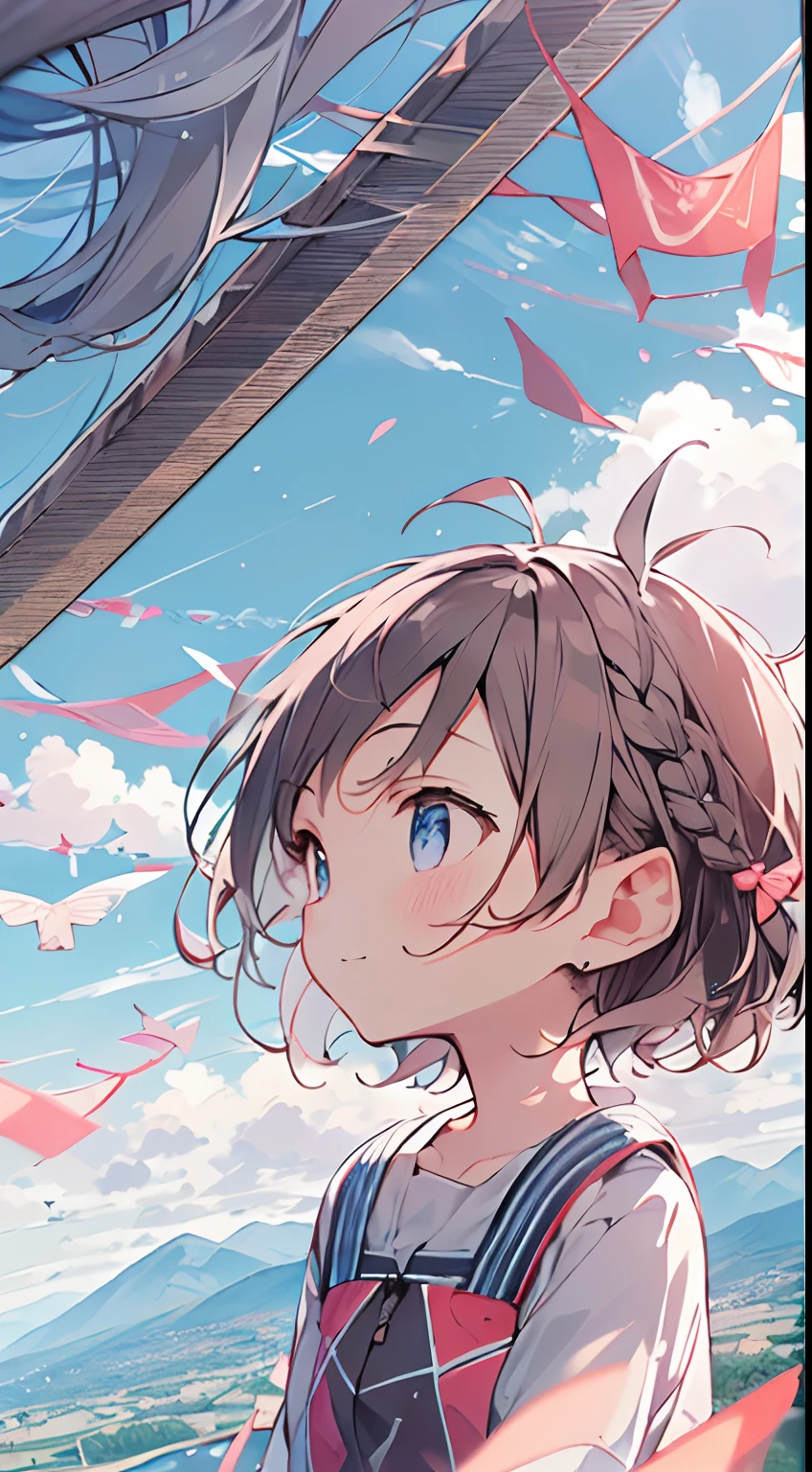 masutepiece, Best Quality,Illustration, Wallpaper, Ultra Detail, absurderes, 1little girl、 Solo, (Medium short hair、short braided hair), Beautiful ultra-detailed eyes , Hair fluttering in the wind、XD、Smaller head、Beautiful sky、(a panoramic view:1.5)