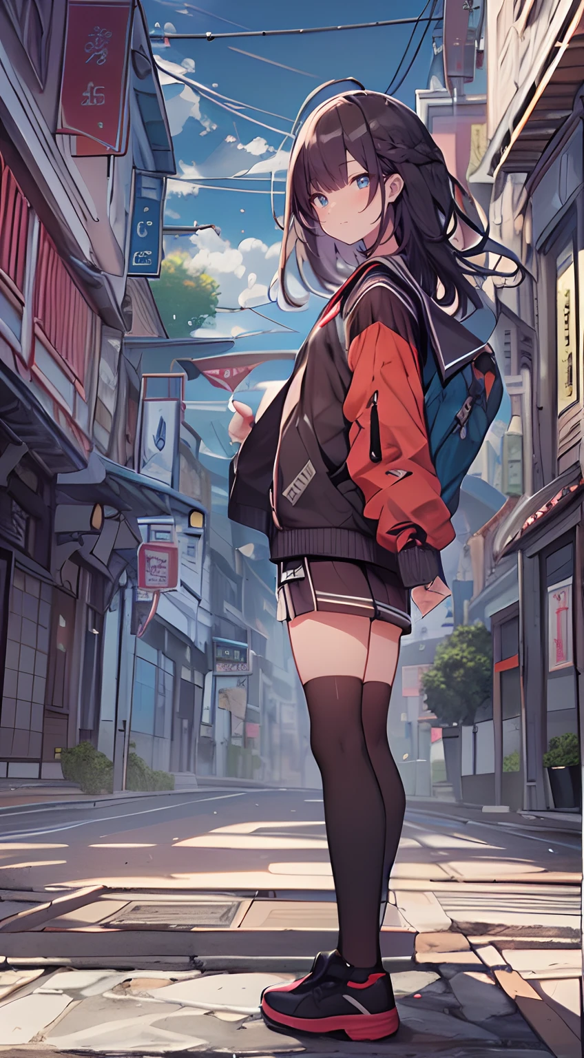 masterpiece,1girl,solo,incredibly absurdres,hoodie,headphones, street,outdoors,rain,neon lights, gura_red, red eyes, red hair