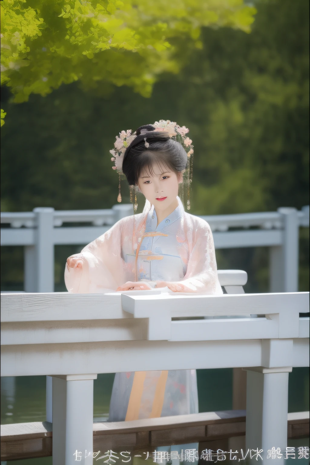 small bridge flowing water,On the bridge deck stood a woman dressed in Chinese clothing,Delicate facial features,In exuberant spirits。hyper HD